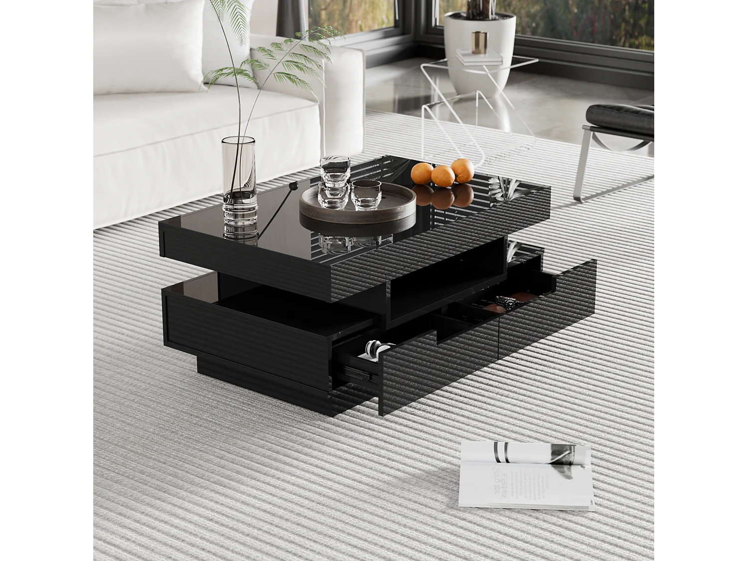 Moderne witte LED-salontafel, woonkamermeubel, salontafel met opbergruimte en vier lades, zwart