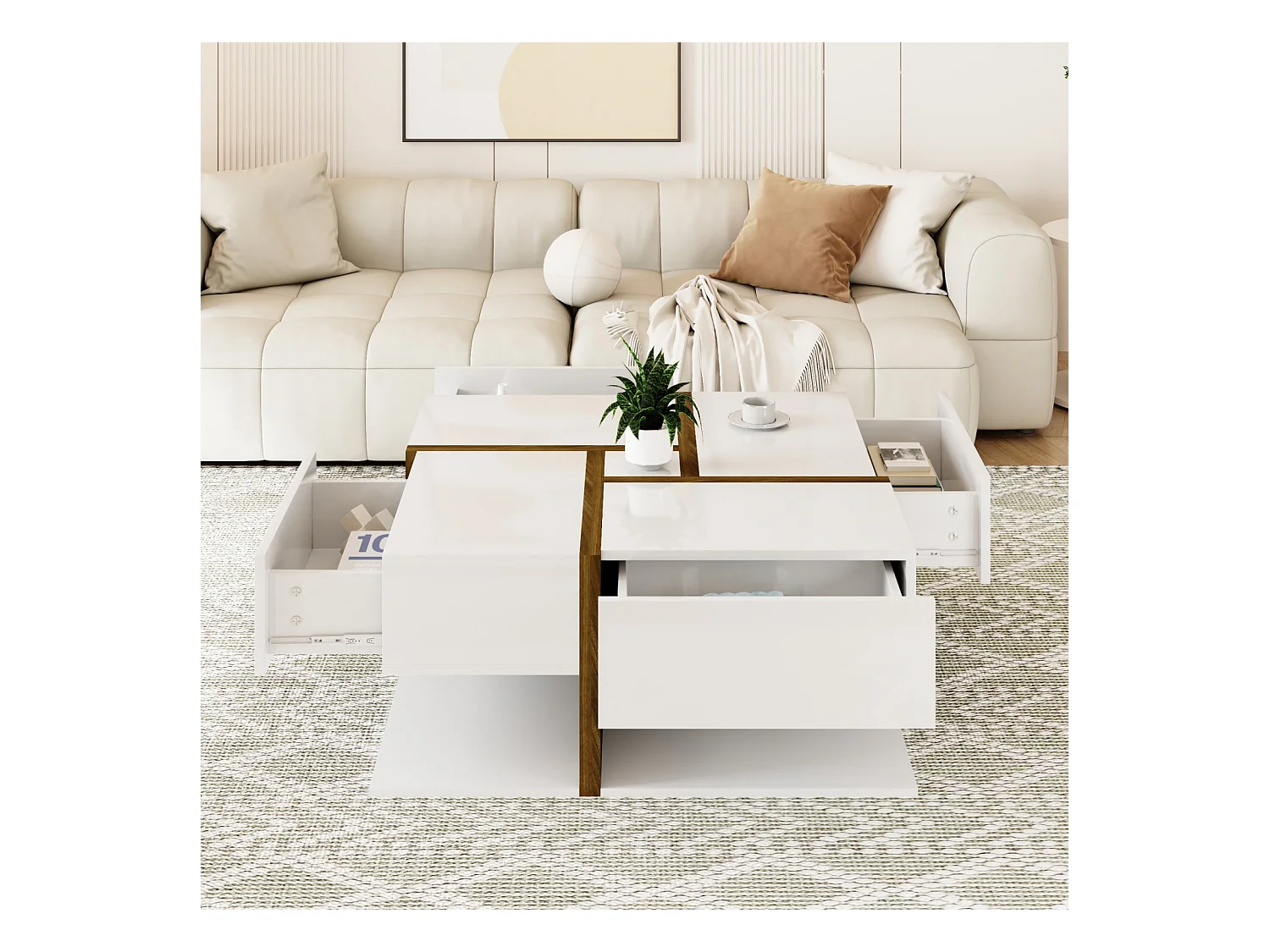 Table basse carrée blanche avec quatre tiroirs, table de salon avec espace de rangement