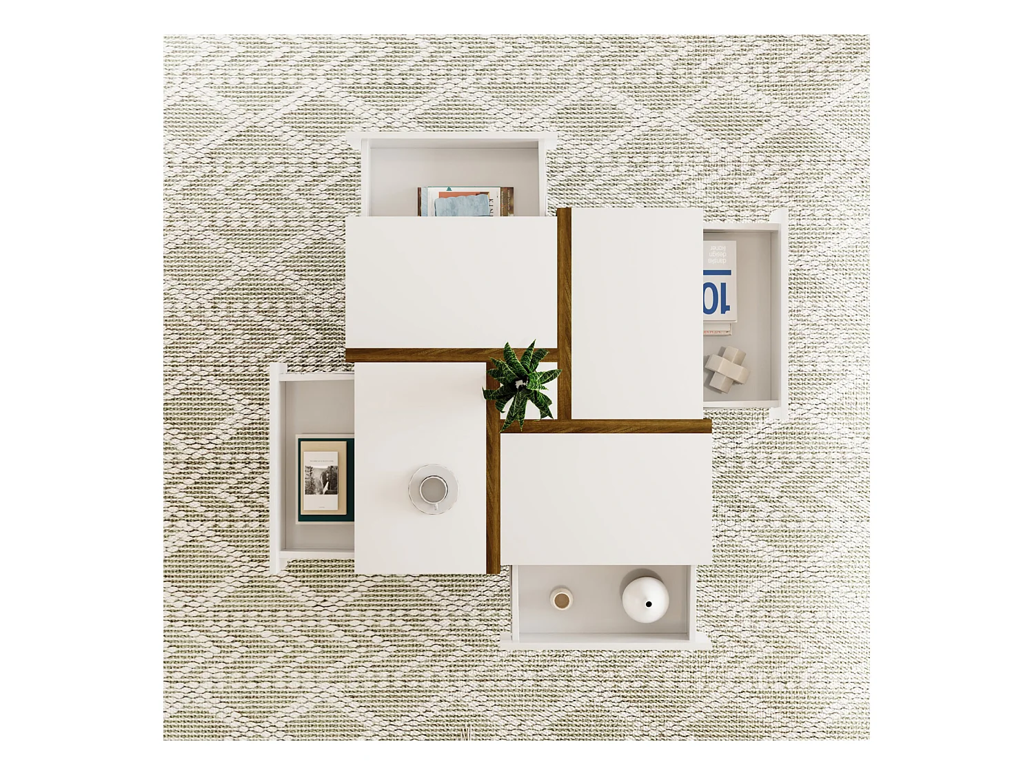 Table basse carrée blanche avec quatre tiroirs, table de salon avec espace de rangement