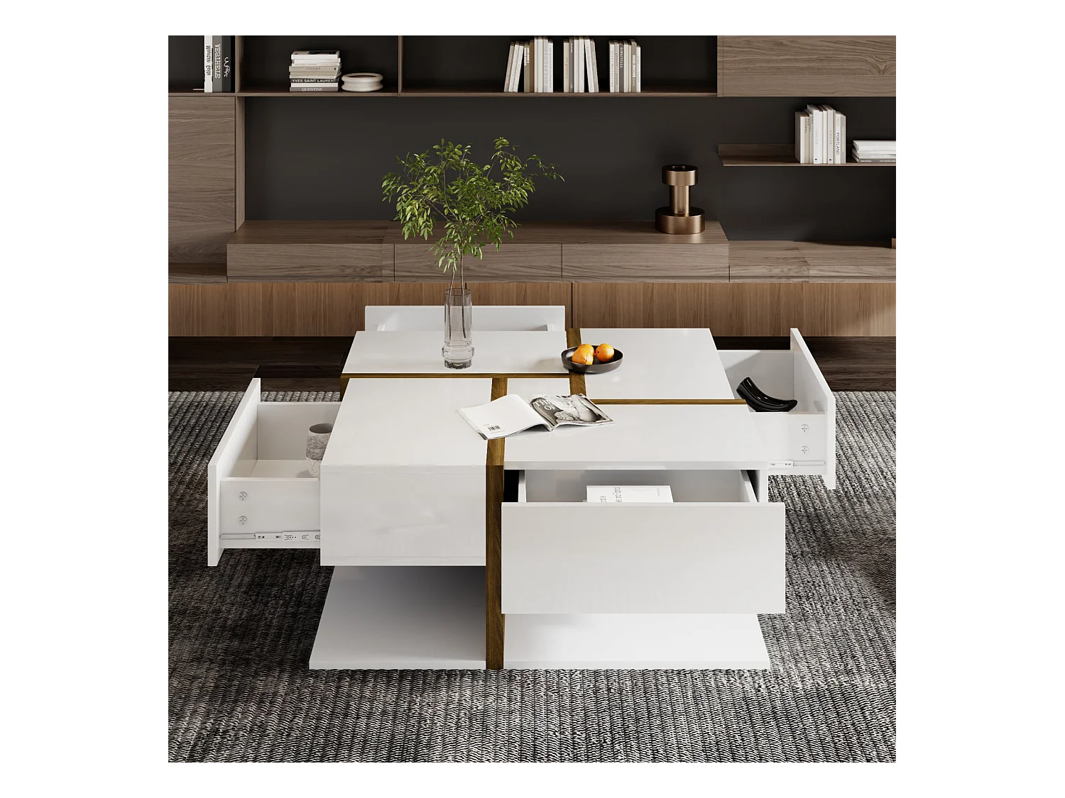 Table basse carrée blanche avec quatre tiroirs, table de salon avec espace de rangement