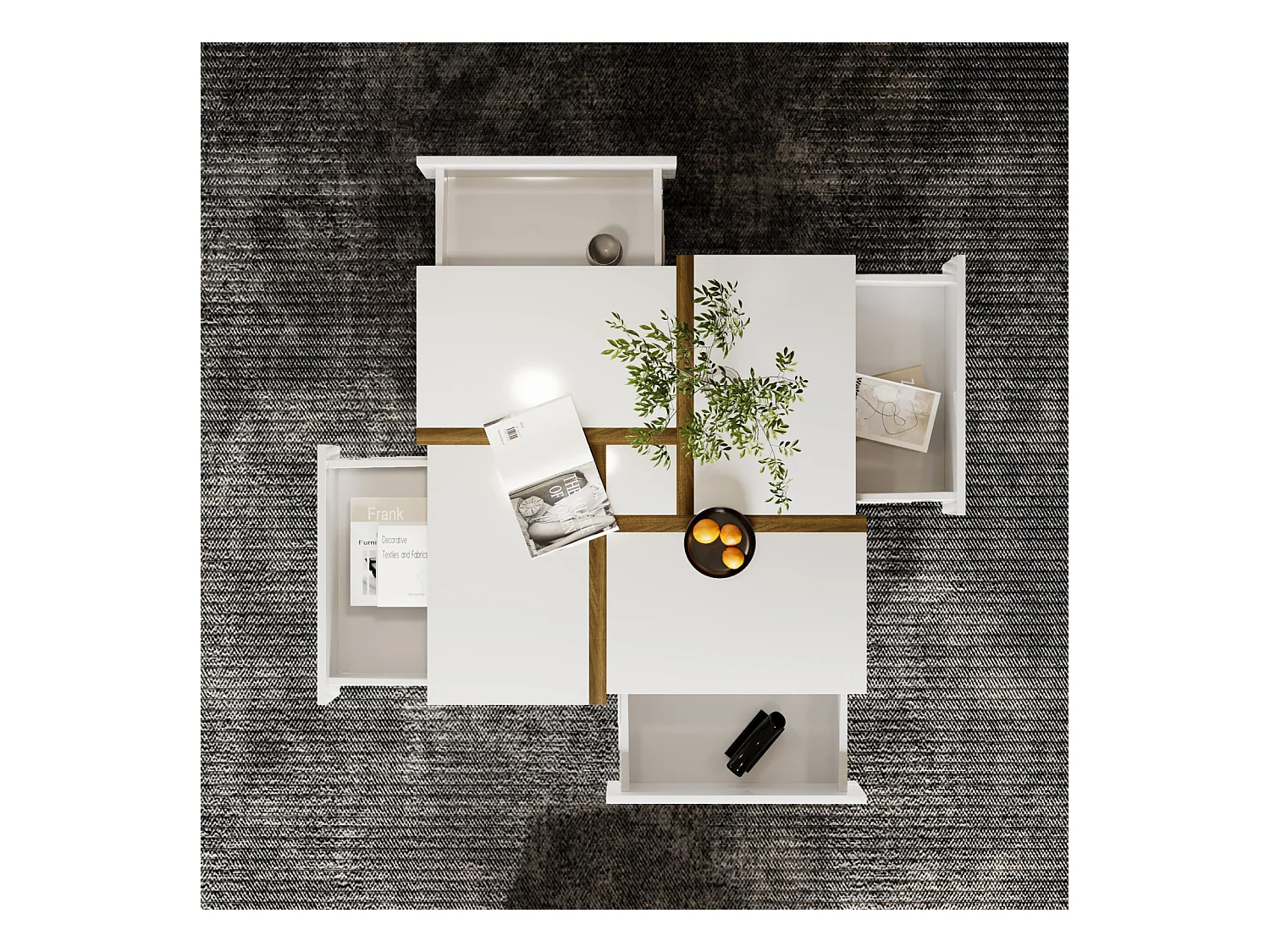 Table basse carrée blanche avec quatre tiroirs, table de salon avec espace de rangement