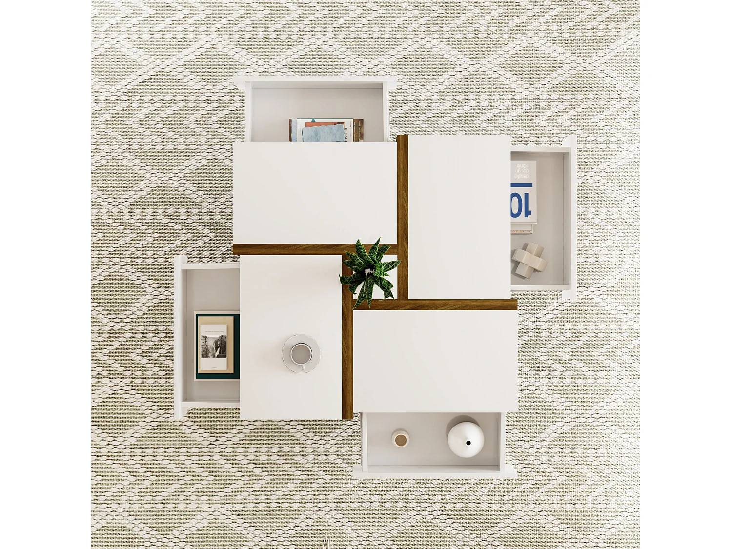 Table basse carrée blanche avec quatre tiroirs, table de salon avec espace de rangement