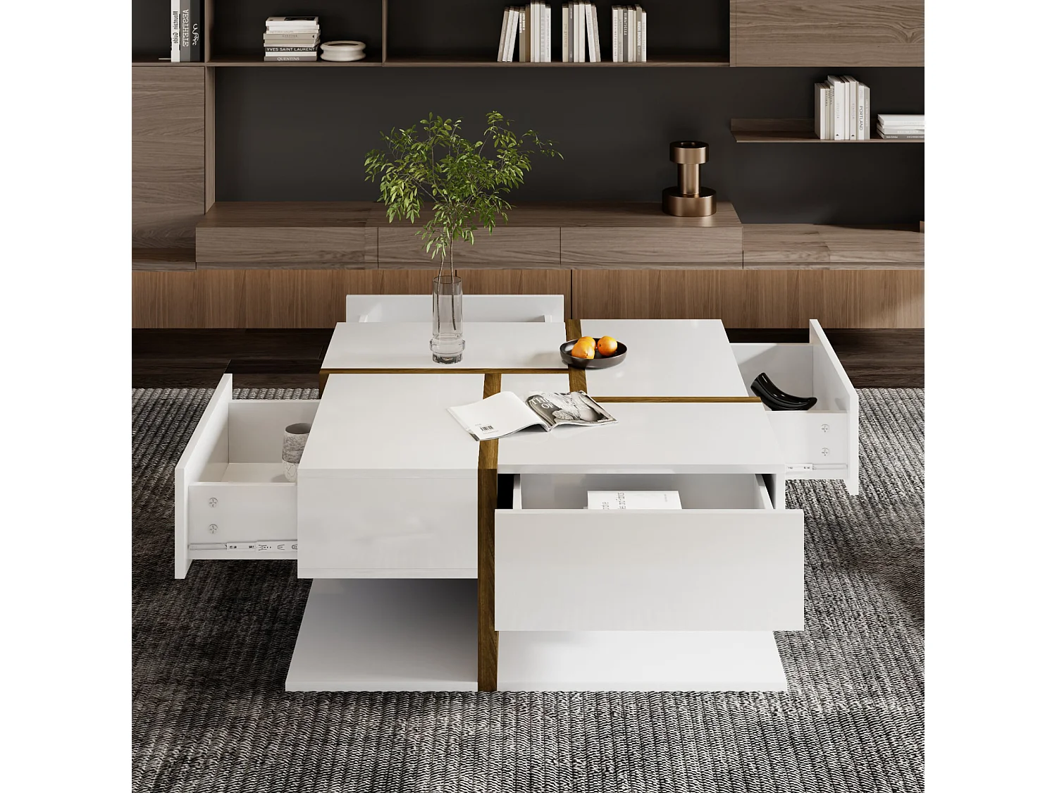 Table basse carrée blanche avec quatre tiroirs, table de salon avec espace de rangement