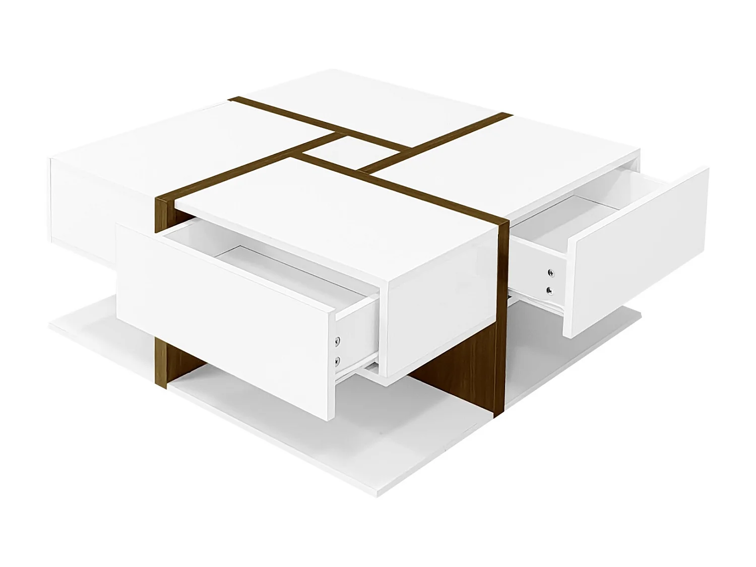 Table basse carrée blanche avec quatre tiroirs, table de salon avec espace de rangement