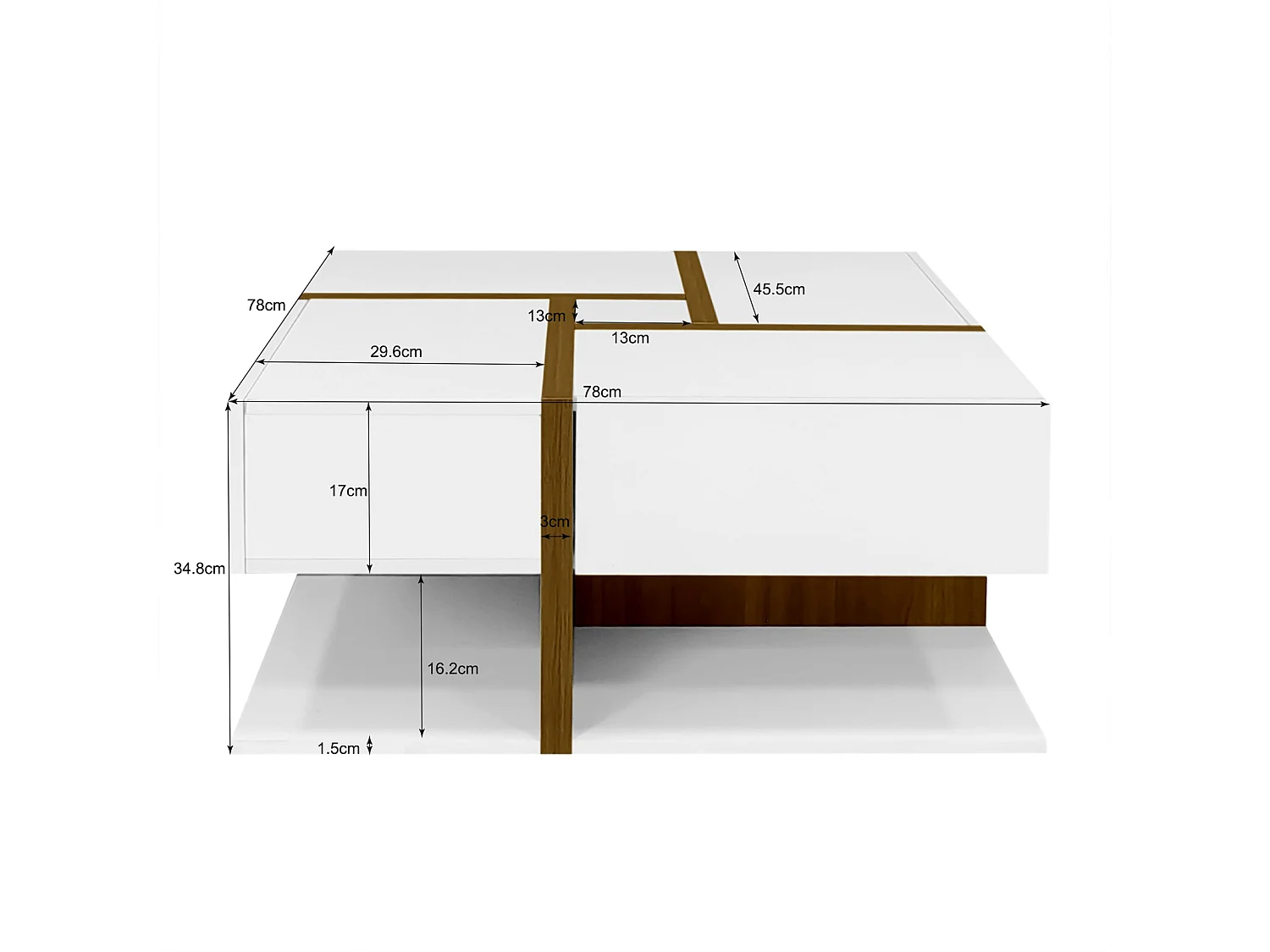Table basse carrée blanche avec quatre tiroirs, table de salon avec espace de rangement
