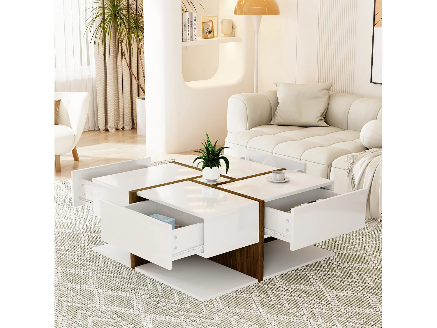 Table basse carrée blanche avec quatre tiroirs, table de salon avec espace de rangement