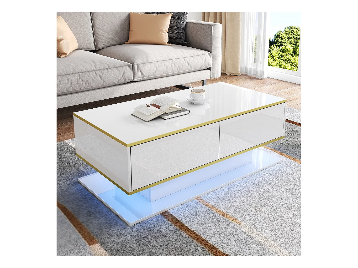 Table Basse LED Moderne, Bordure dorée, Table Basse Blanc avec Trois tiroirs