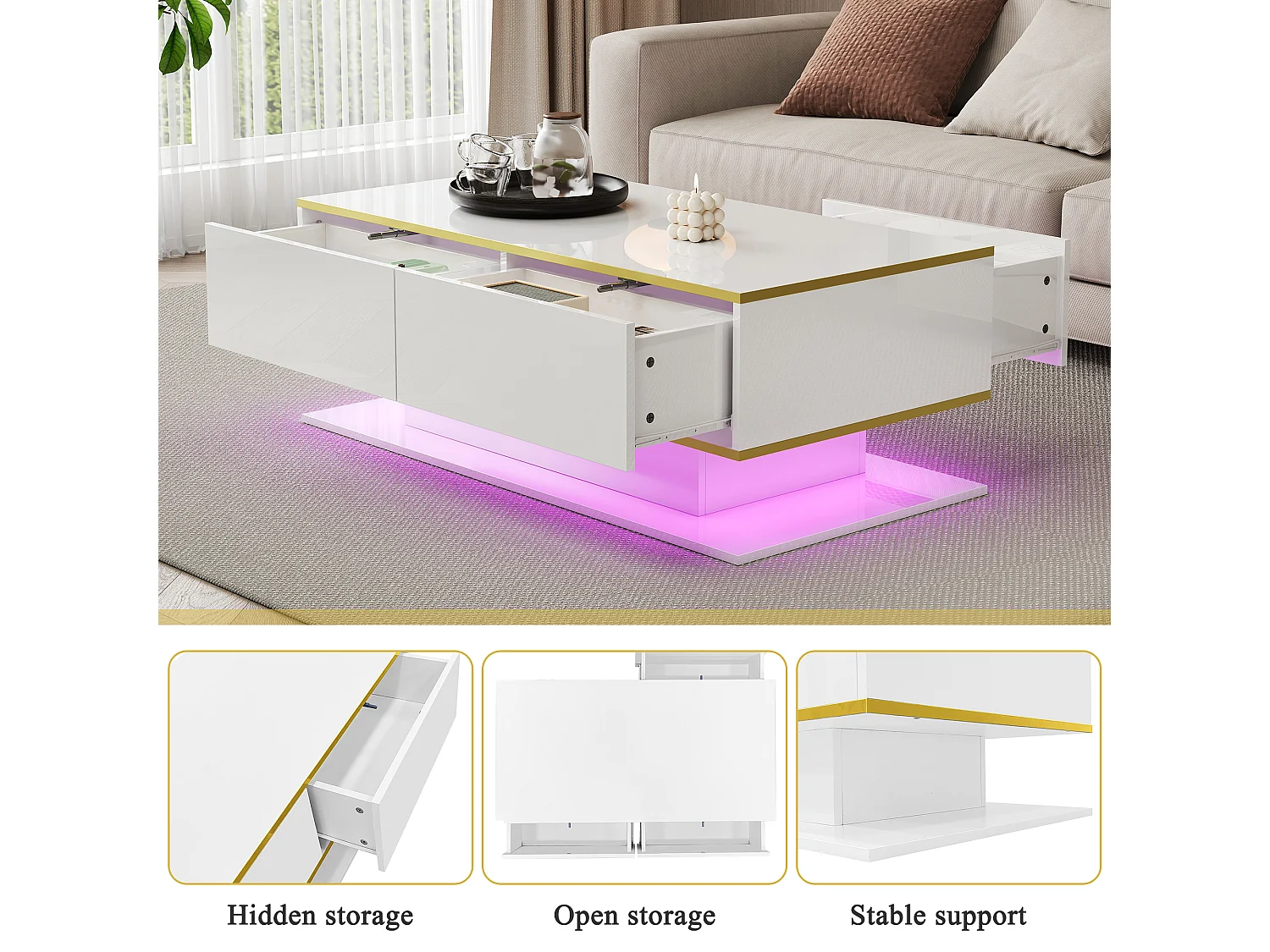 Table Basse LED Moderne, Bordure dorée, Table Basse Blanc avec Trois tiroirs