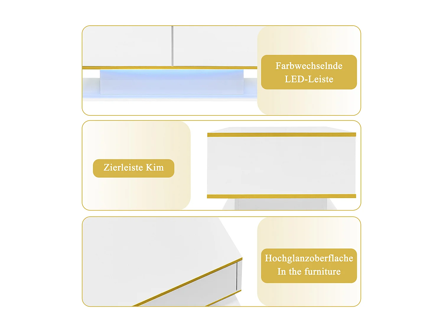 Table Basse LED Moderne, Bordure dorée, Table Basse Blanc avec Trois tiroirs
