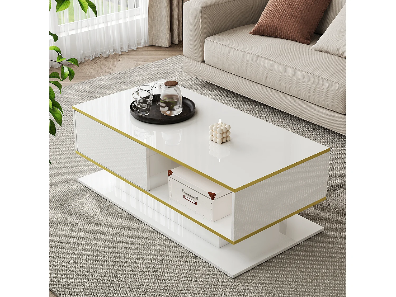 Table Basse LED Moderne, Bordure dorée, Table Basse Blanc avec Trois tiroirs