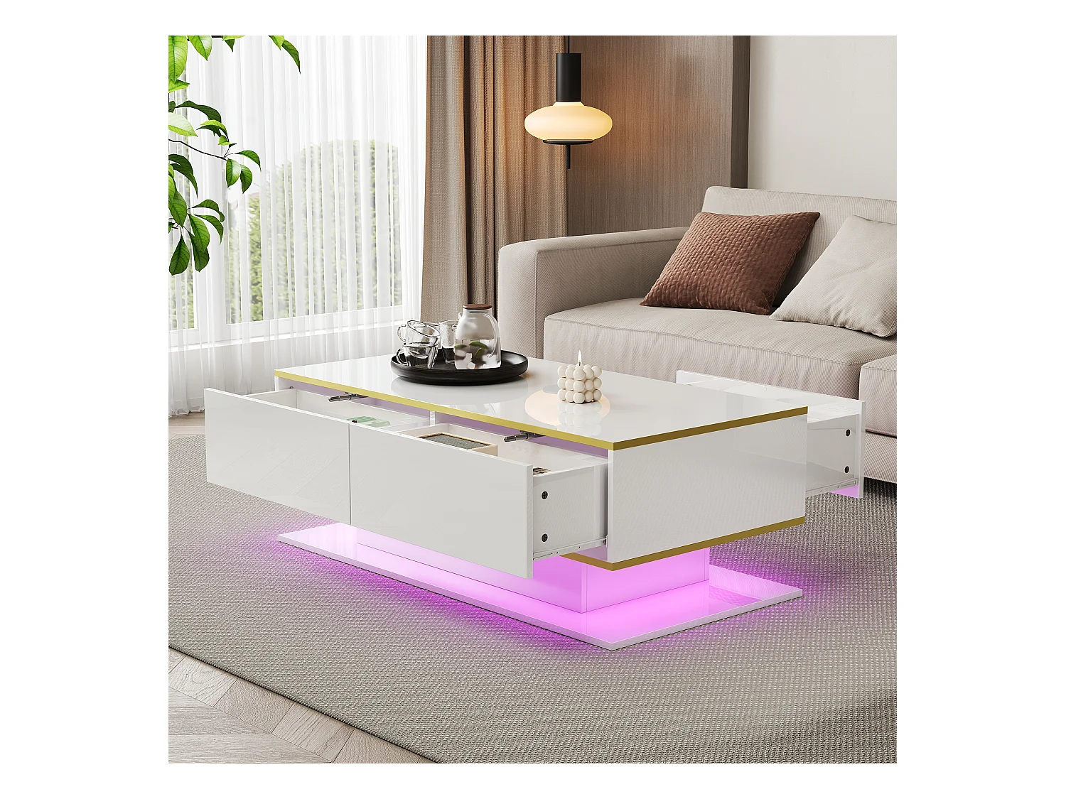 Mesa de centro LED moderna, detalles dorados, mesa de centro blanca con tres cajones