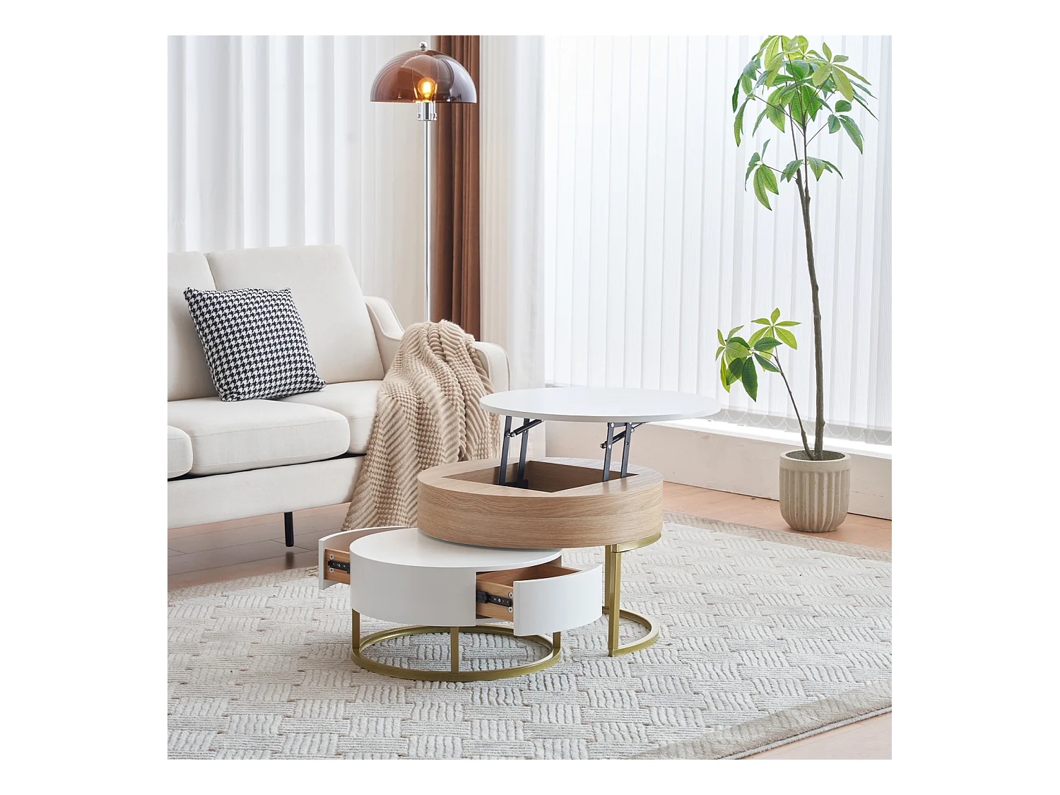 Mesa de centro regulable en altura, mesa de salón moderna con 2 cajones, color blanco y madera