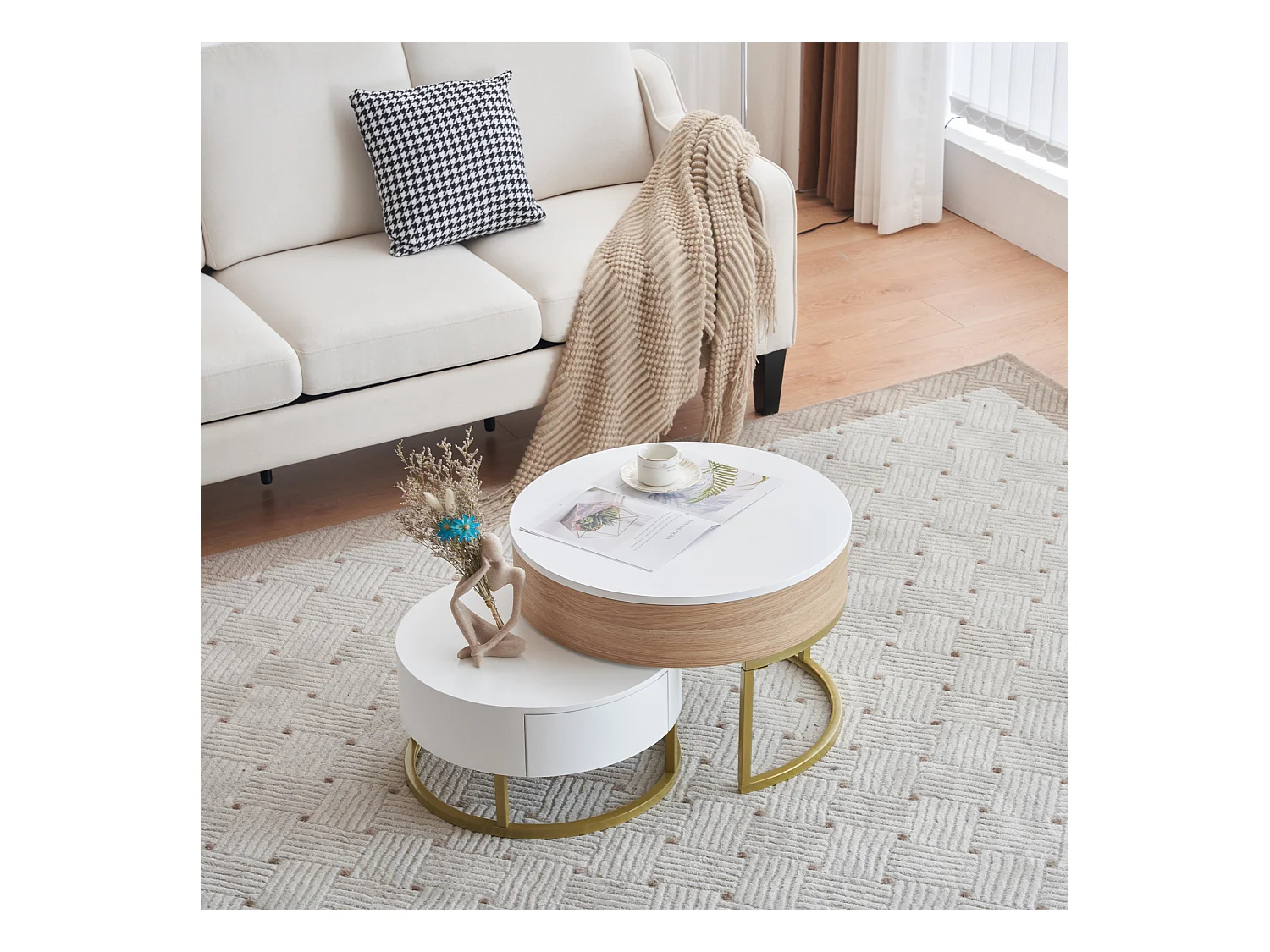 Mesa de centro regulable en altura, mesa de salón moderna con 2 cajones, color blanco y madera