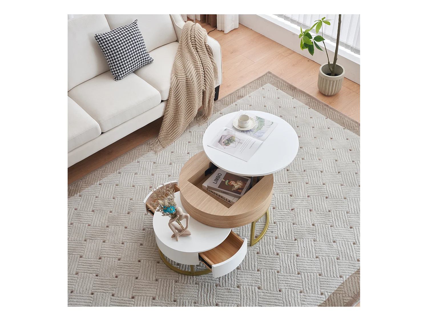 Mesa de centro regulable en altura, mesa de salón moderna con 2 cajones, color blanco y madera