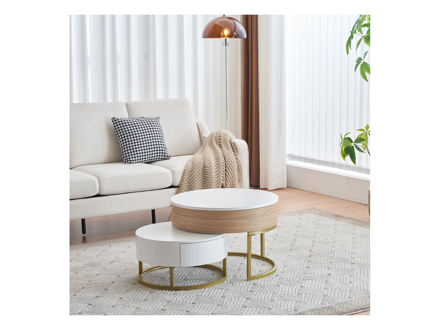 Table basse réglable en hauteur, table de salon moderne avec 2 tiroirs, blanc et couleur bois
