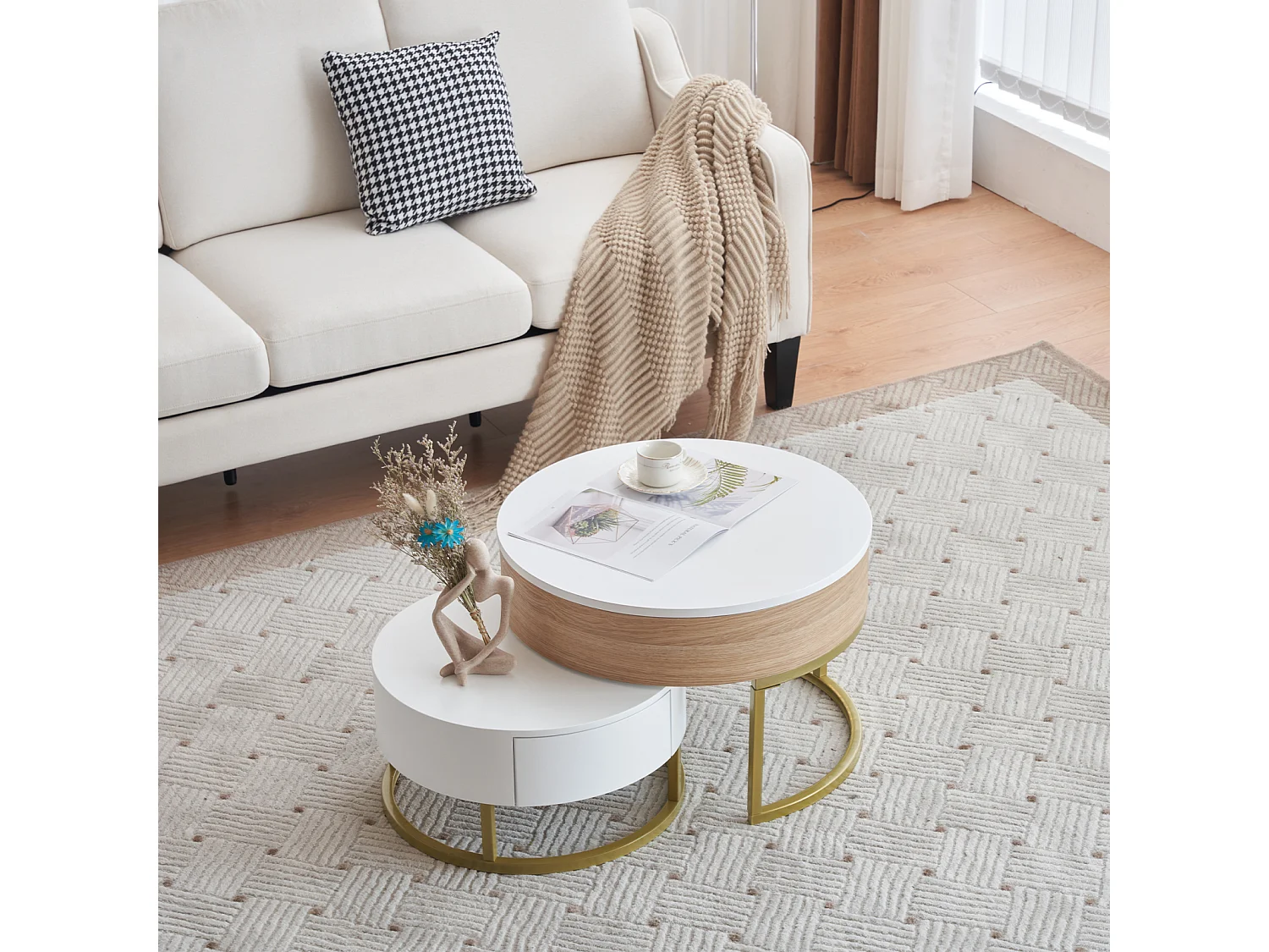 Mesa de centro regulable en altura, mesa de salón moderna con 2 cajones, color blanco y madera