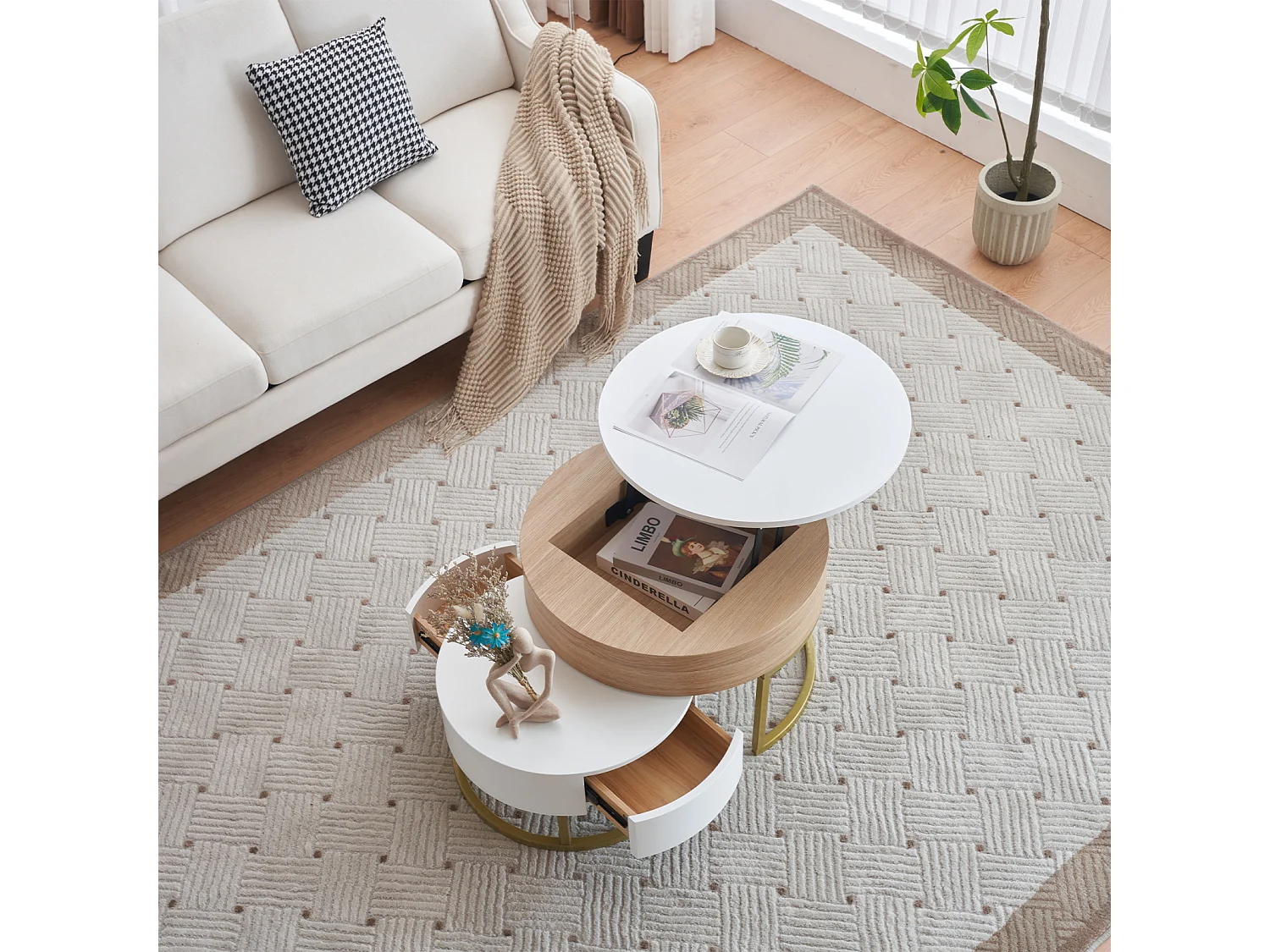 Mesa de centro regulable en altura, mesa de salón moderna con 2 cajones, color blanco y madera