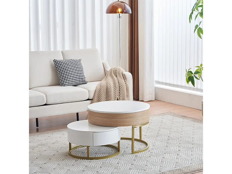 Mesa de centro com altura ajustável, mesa de sala de estar moderna com 2 gavetas, cor branca e madeira
