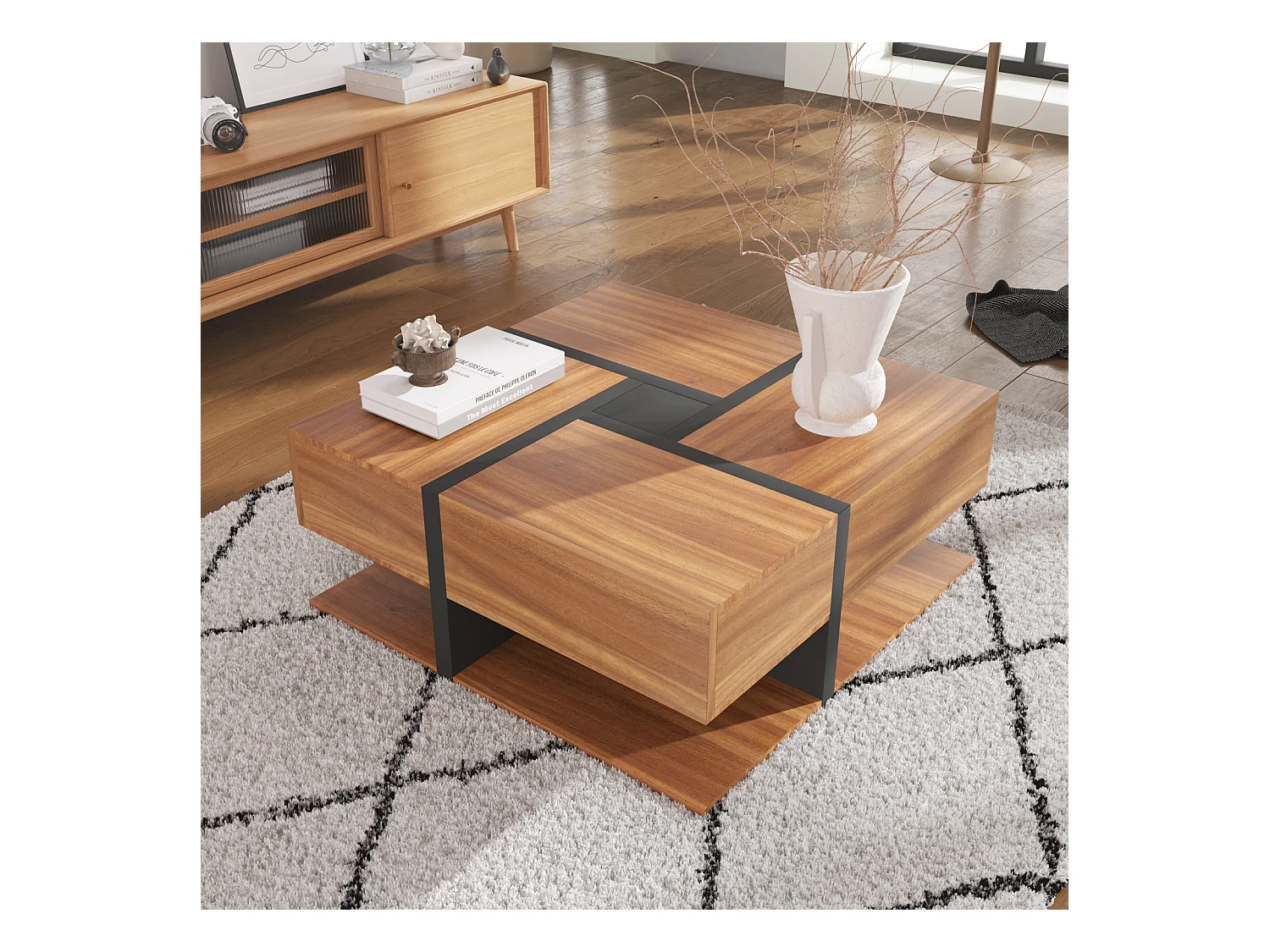 Table basse de salon, avec 4 tiroirs, moderne, avec deux étagères, design unique, Noir + Bois