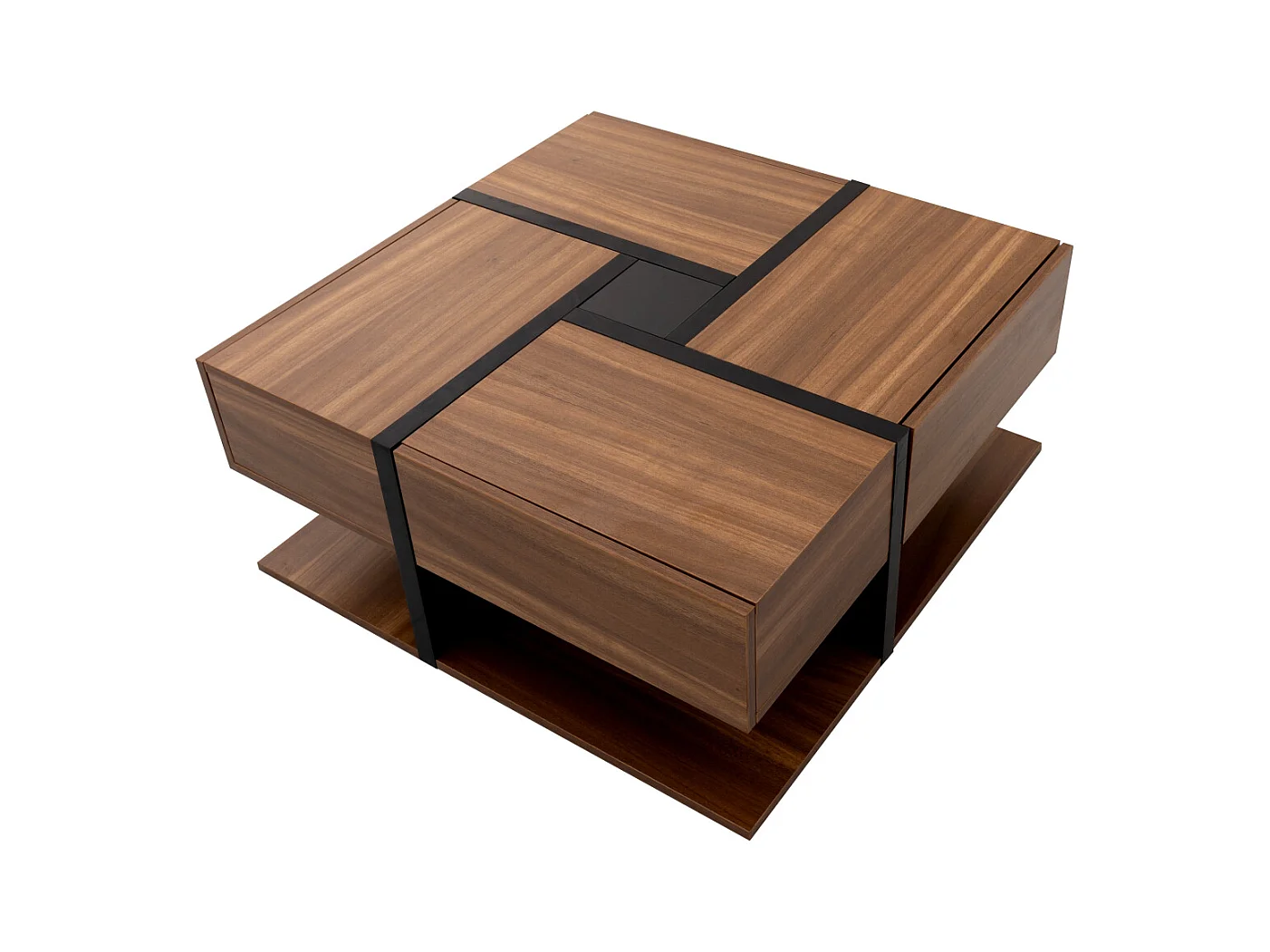 Table basse de salon, avec 4 tiroirs, moderne, avec deux étagères, design unique, Noir + Bois