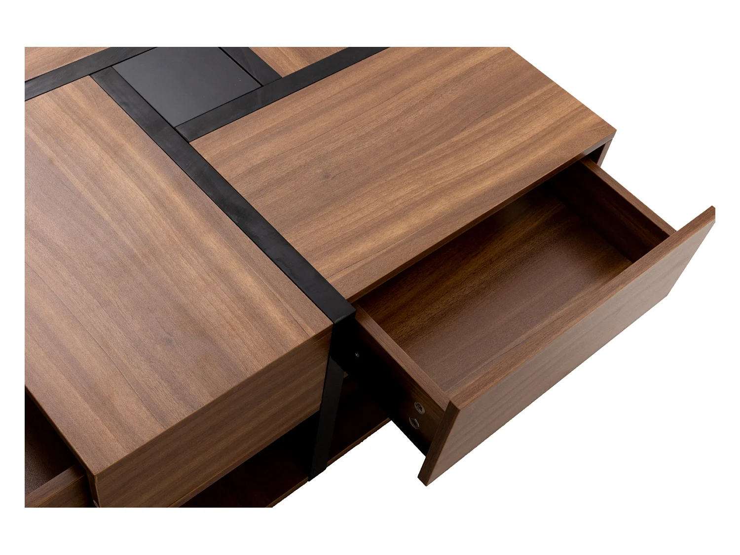 Table basse de salon, avec 4 tiroirs, moderne, avec deux étagères, design unique, Noir + Bois