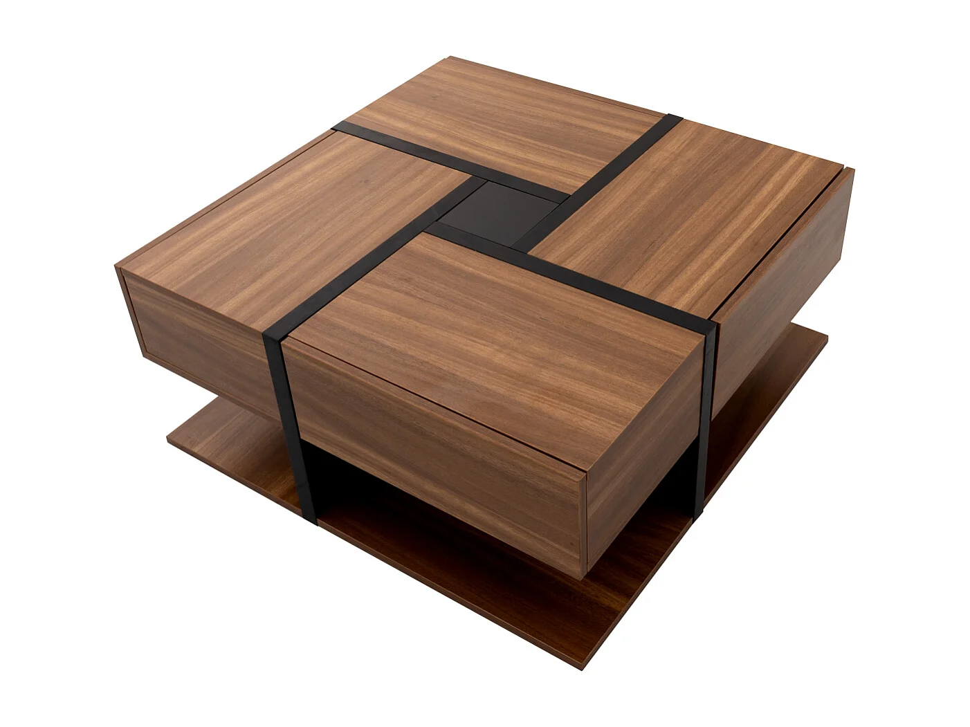 Mesa de centro para salón, con 4 cajones, moderna, con dos estantes, diseño único, Negro + Madera