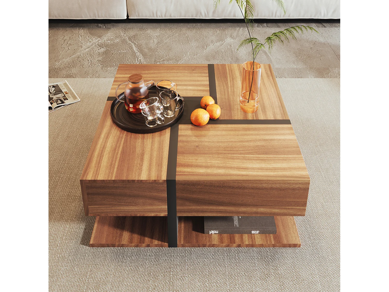 Table basse de salon, avec 4 tiroirs, moderne, avec deux étagères, design unique, Noir + Bois