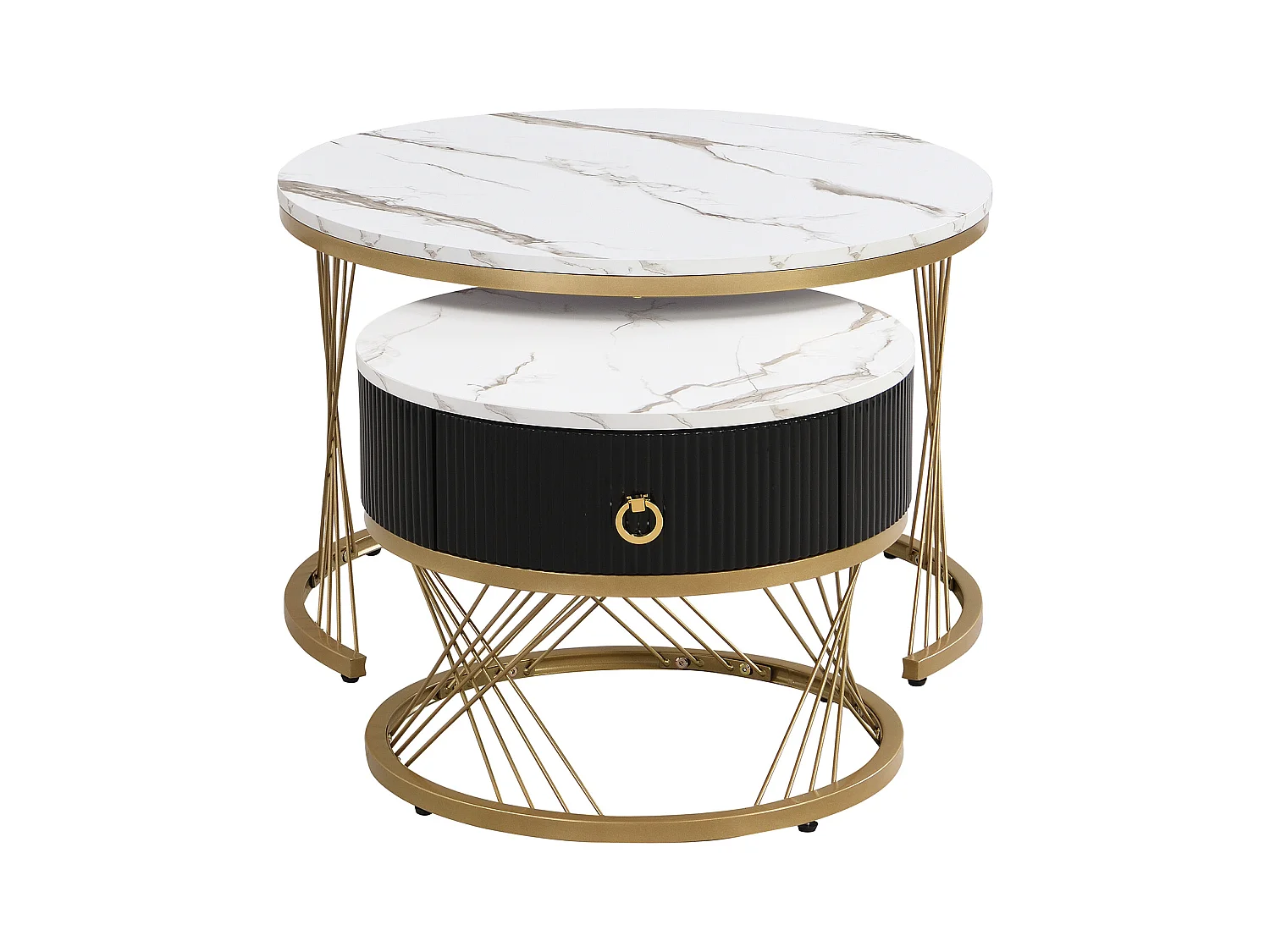 Lot de 2 Tables Basses gigognes, Table Basse avec tiroir Noir et des Accents dorés , Blanc&Noir