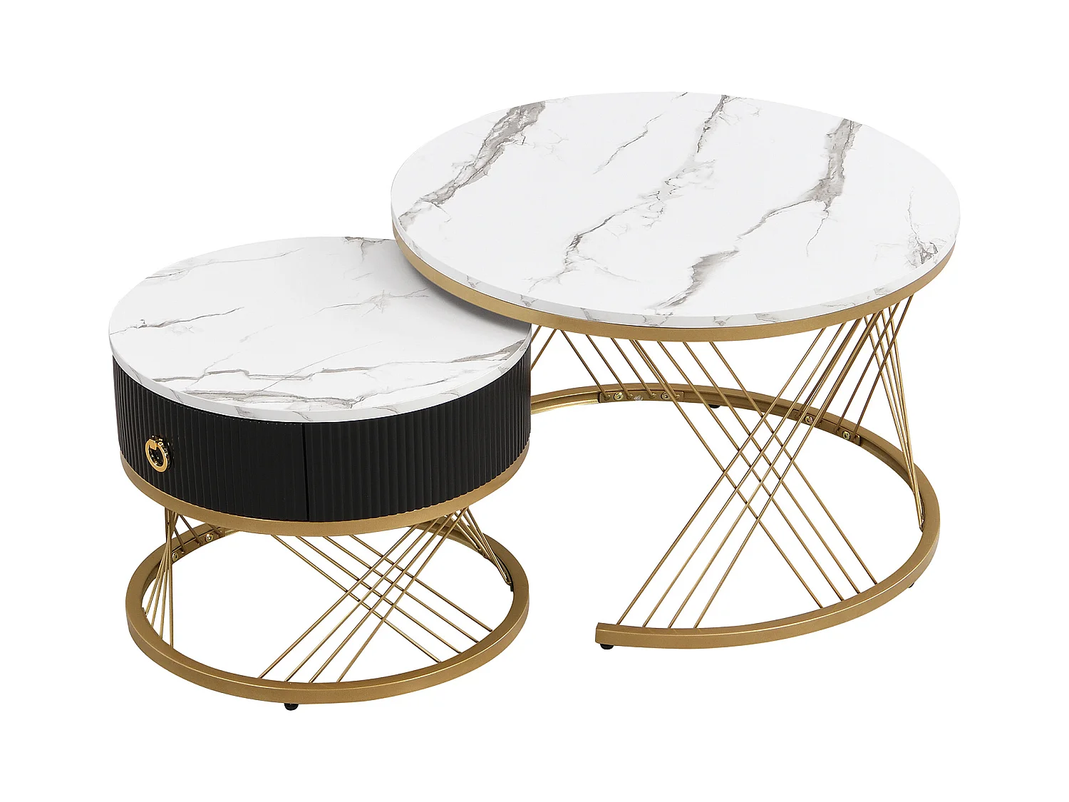 Lot de 2 Tables Basses gigognes, Table Basse avec tiroir Noir et des Accents dorés , Blanc&Noir