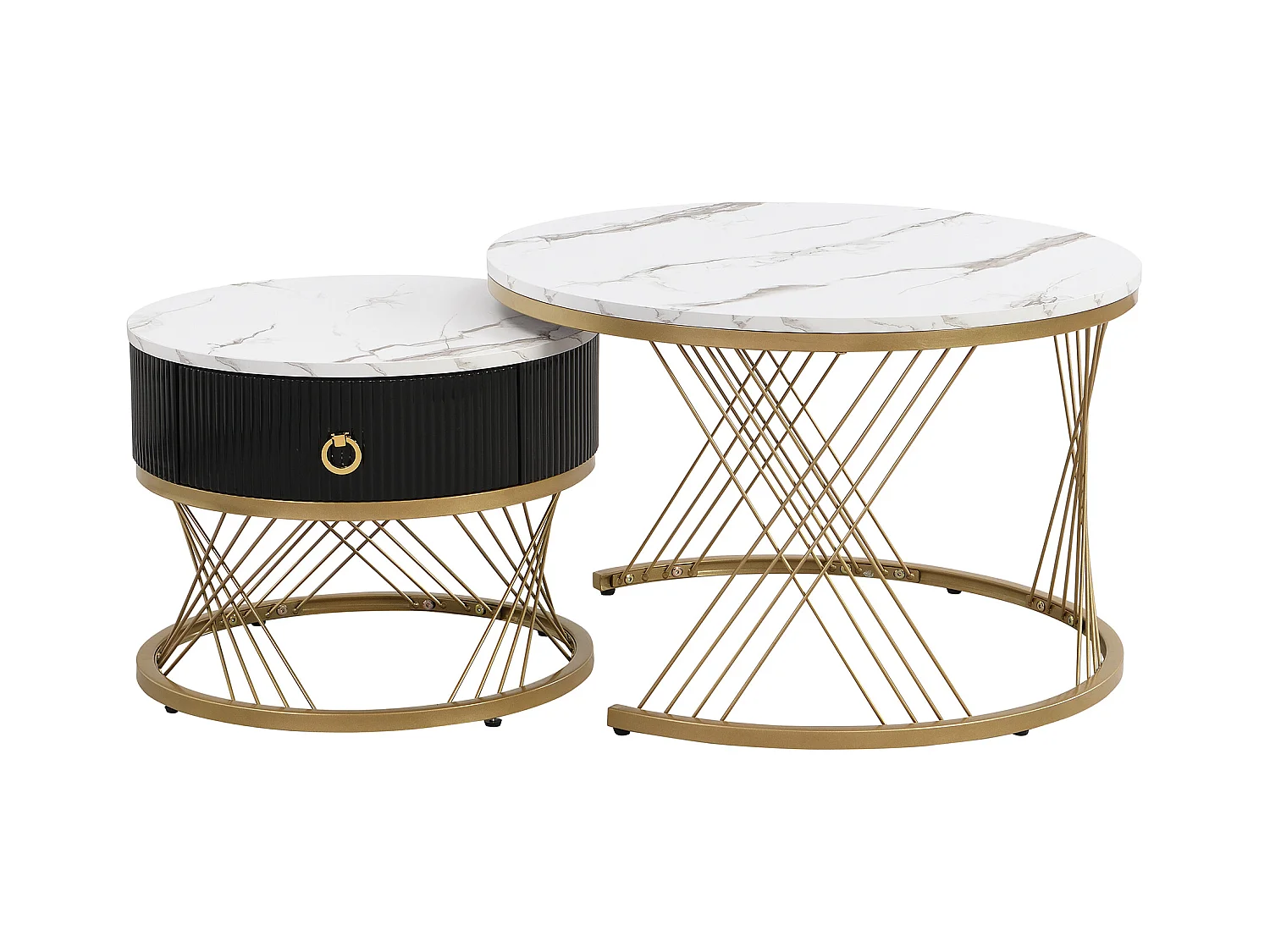 Lot de 2 Tables Basses gigognes, Table Basse avec tiroir Noir et des Accents dorés , Blanc&Noir