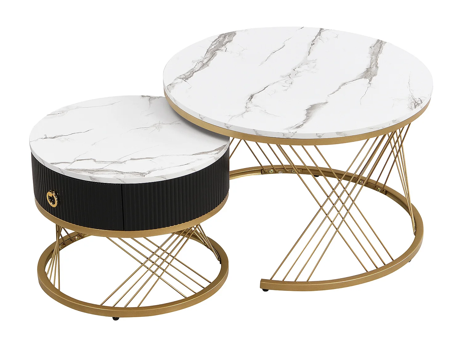 Lot de 2 Tables Basses gigognes, Table Basse avec tiroir Noir et des Accents dorés , Blanc&Noir