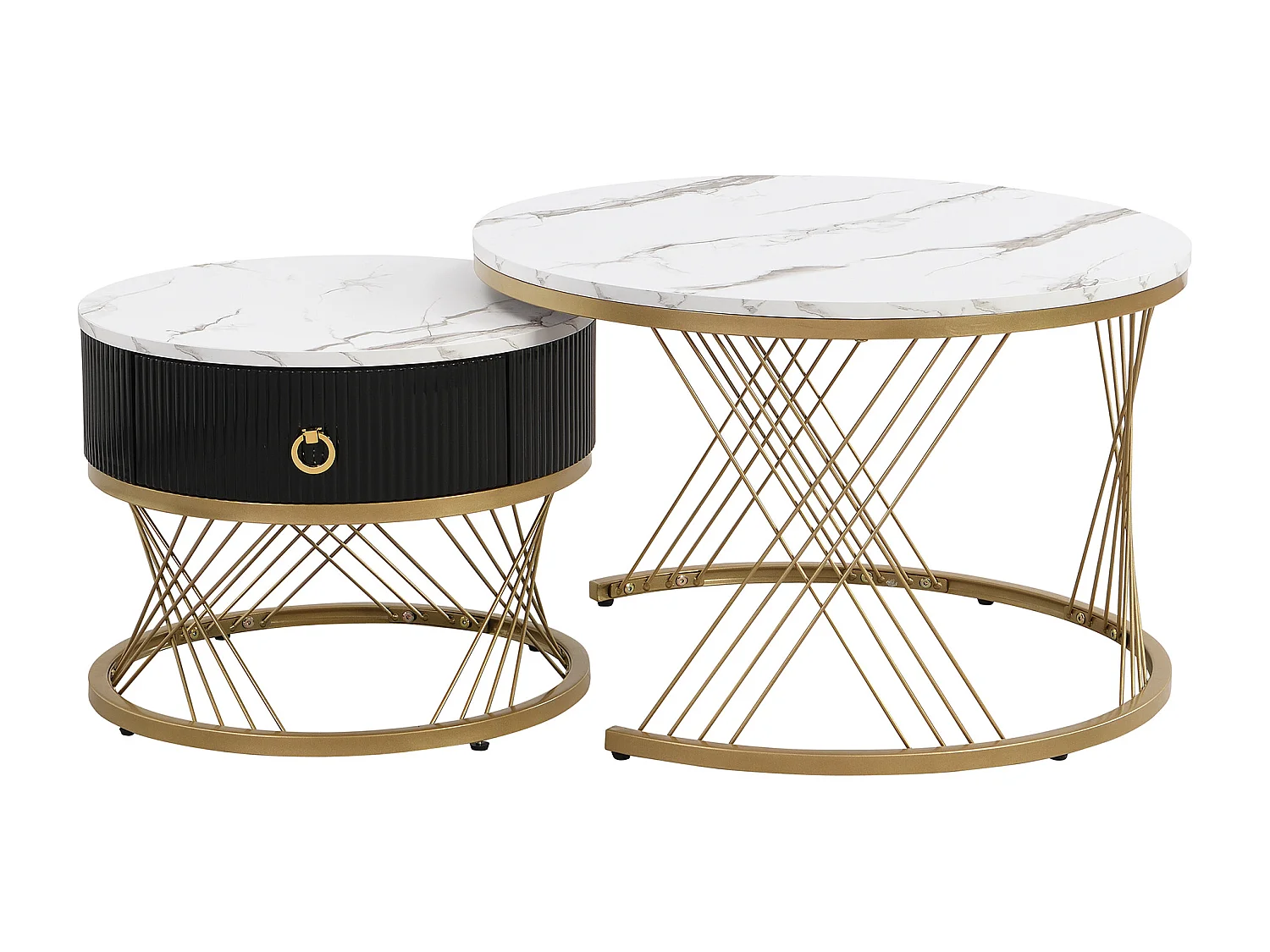 Lot de 2 Tables Basses gigognes, Table Basse avec tiroir Noir et des Accents dorés , Blanc&Noir