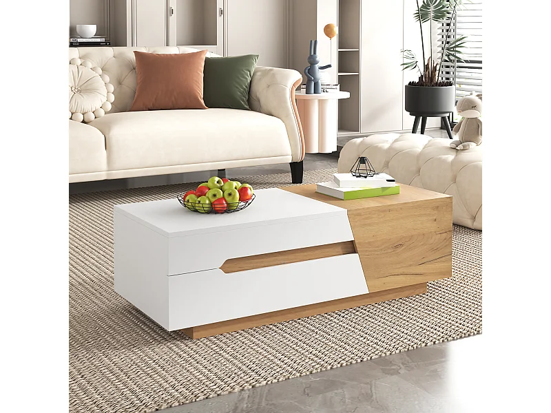 Table basse extensible avec espace de rangement intégré et tiroirs, Blanc + Couleur Bois