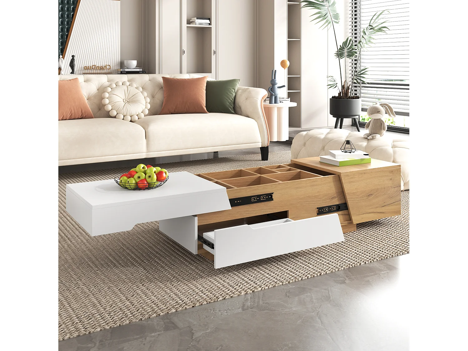 Table basse extensible avec espace de rangement intégré et tiroirs, Blanc + Couleur Bois