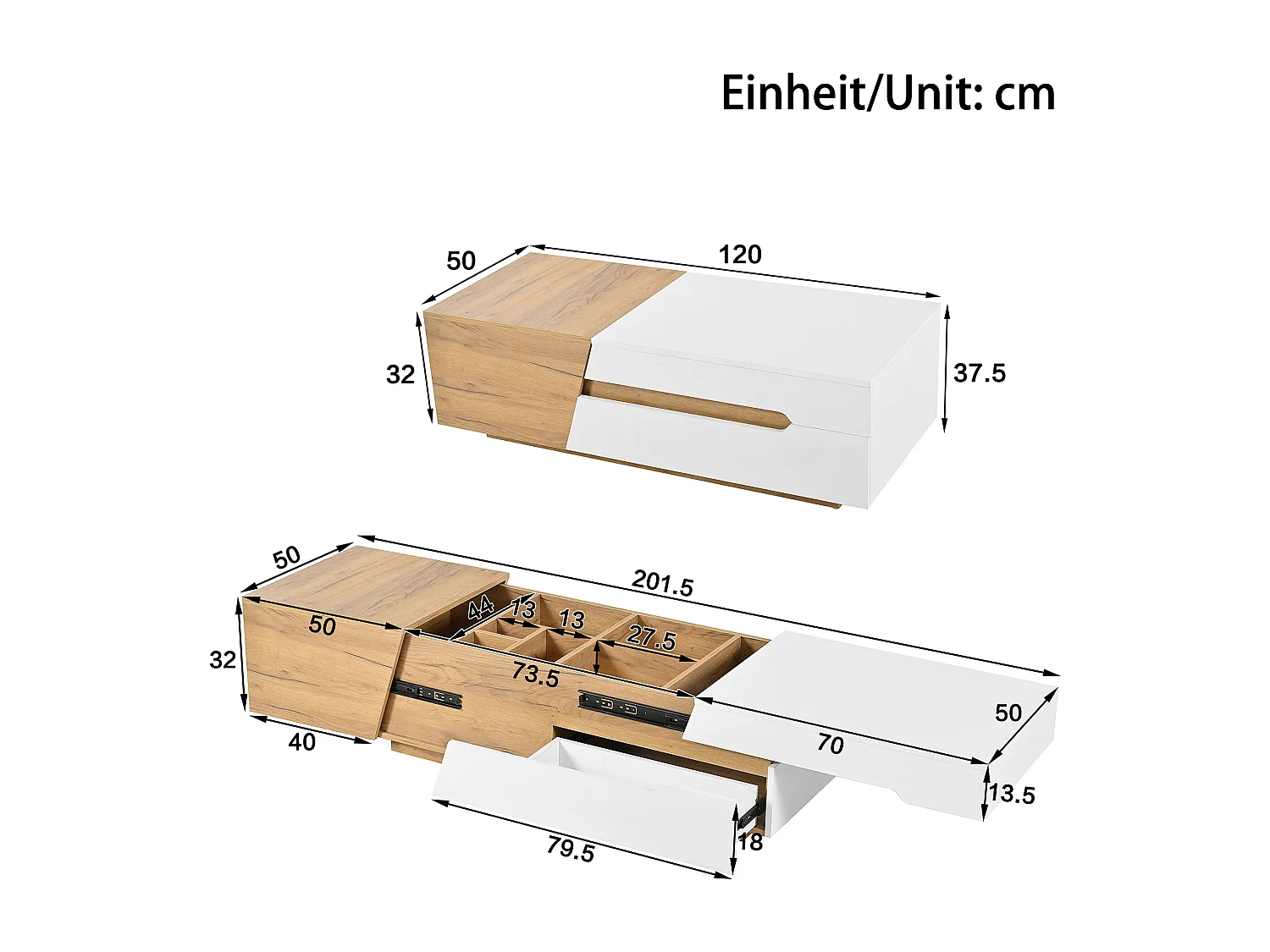 Table basse extensible avec espace de rangement intégré et tiroirs, Blanc + Couleur Bois