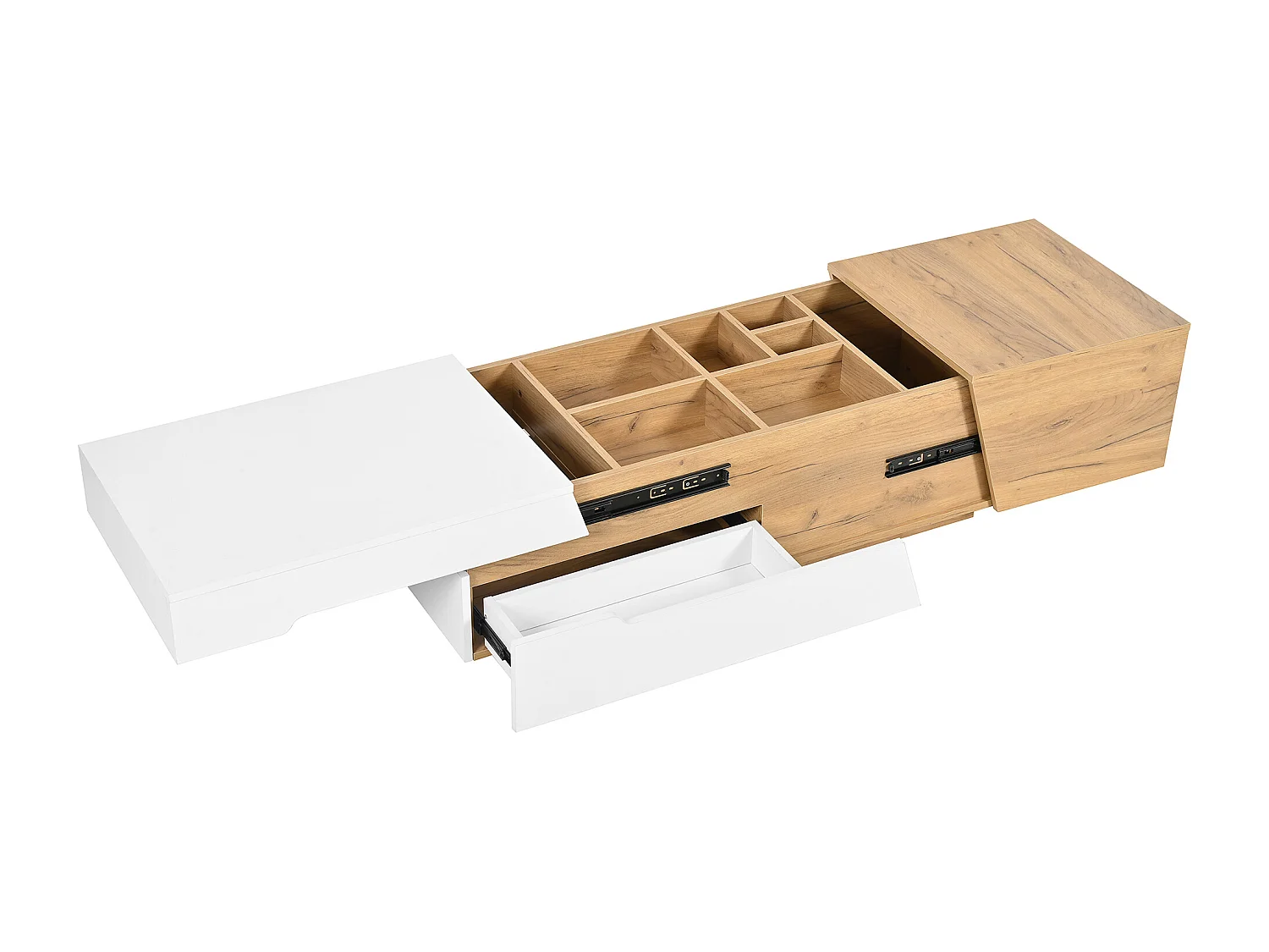 Table basse extensible avec espace de rangement intégré et tiroirs, Blanc + Couleur Bois
