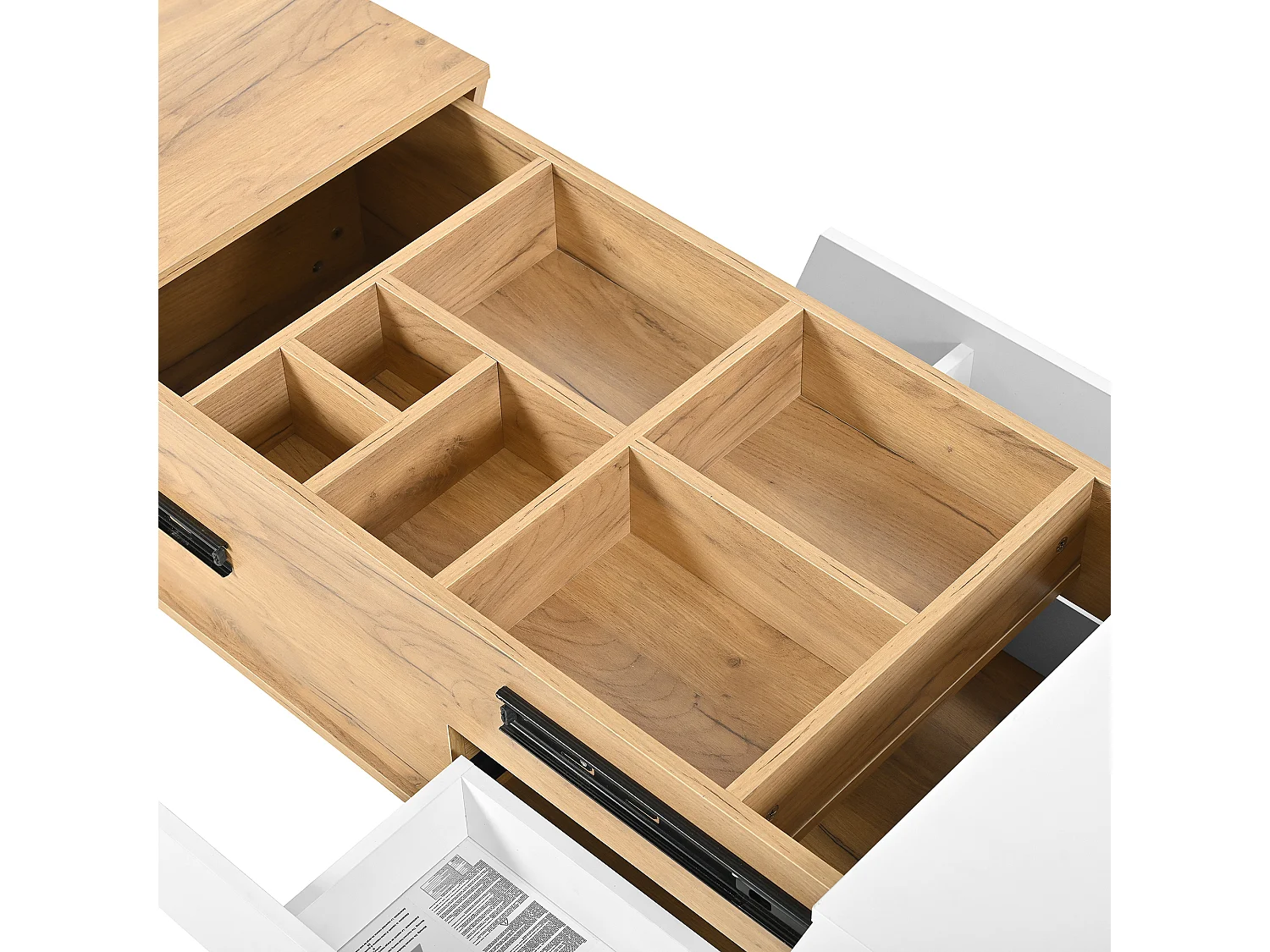 Table basse extensible avec espace de rangement intégré et tiroirs, Blanc + Couleur Bois