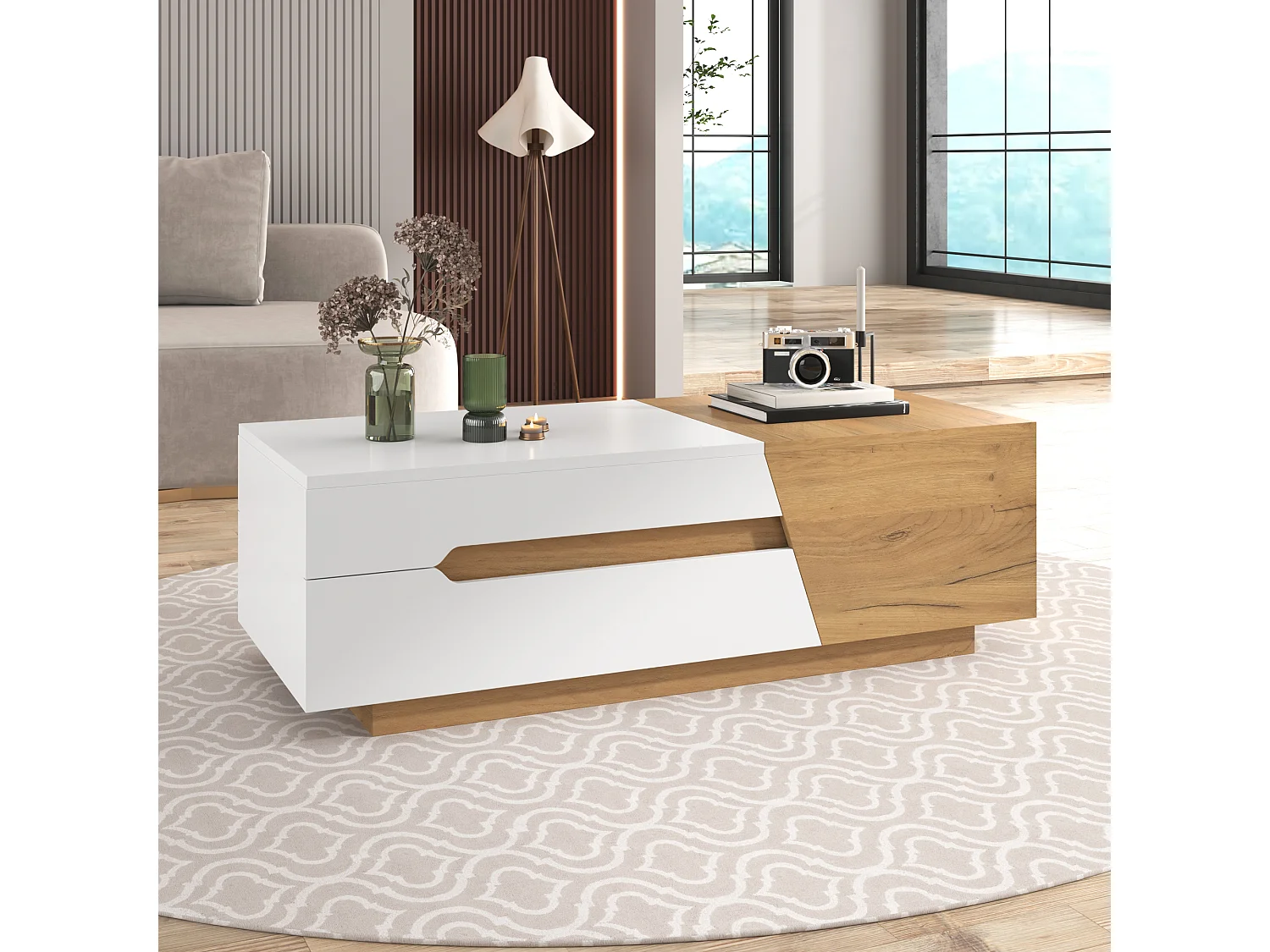 Table basse extensible avec espace de rangement intégré et tiroirs, Blanc + Couleur Bois