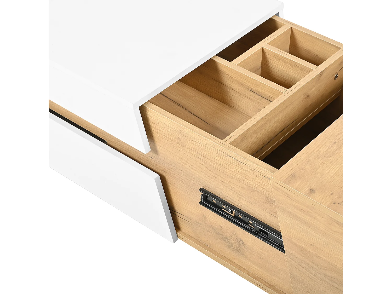 Table basse extensible avec espace de rangement intégré et tiroirs, Blanc + Couleur Bois