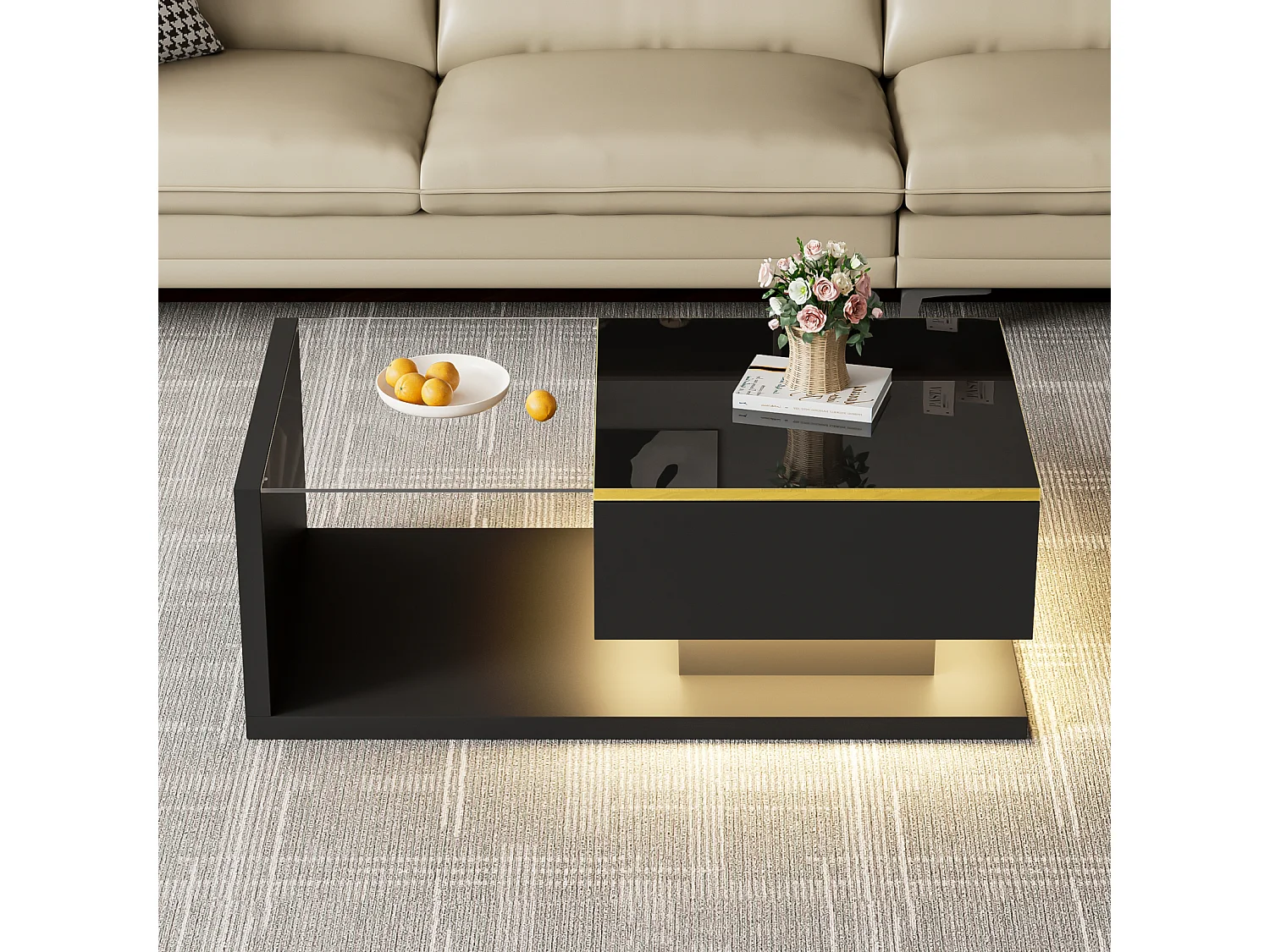 Table Basse avec Lumière LED Réglable, Table Basse Rectangulaire Plateau en Verre Trempé, Noir