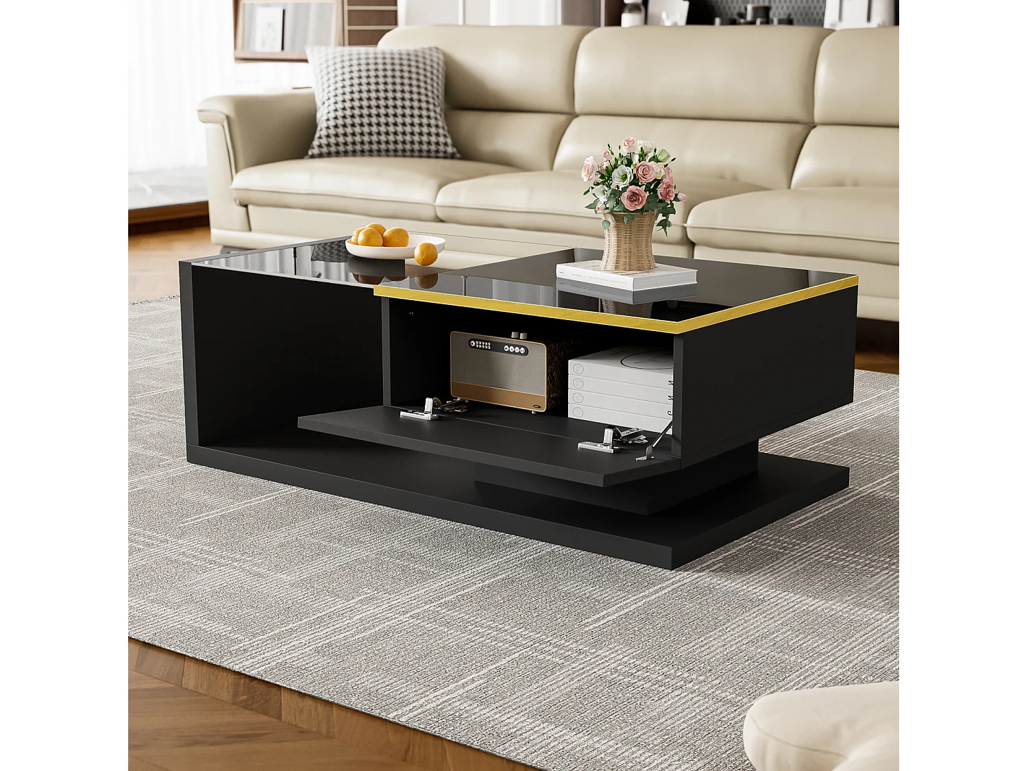 Table Basse avec Lumière LED Réglable, Table Basse Rectangulaire Plateau en Verre Trempé, Noir