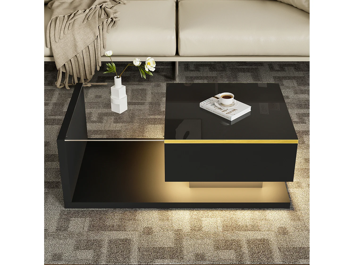 Table Basse avec Lumière LED Réglable, Table Basse Rectangulaire Plateau en Verre Trempé, Noir