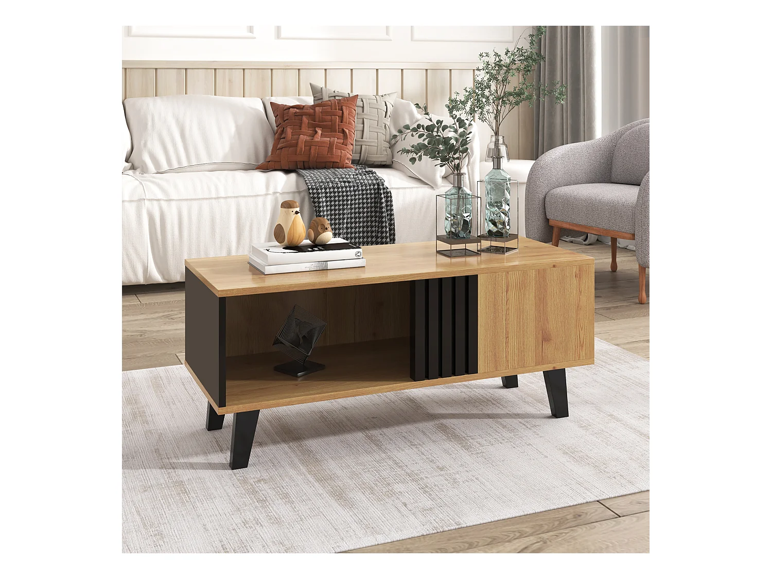 Table basse, buffet, commode avec bois et design noir, table de salon avec tiroirs, table d'appoint