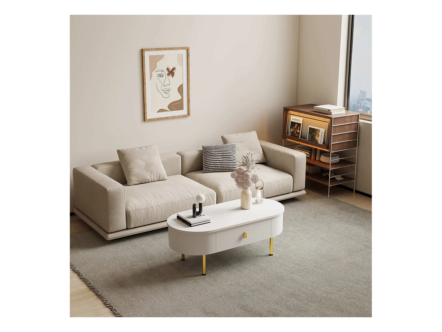 Mesa auxiliar para sala de estar con 2 cajones, diseño curvo anticolisión, color blanco