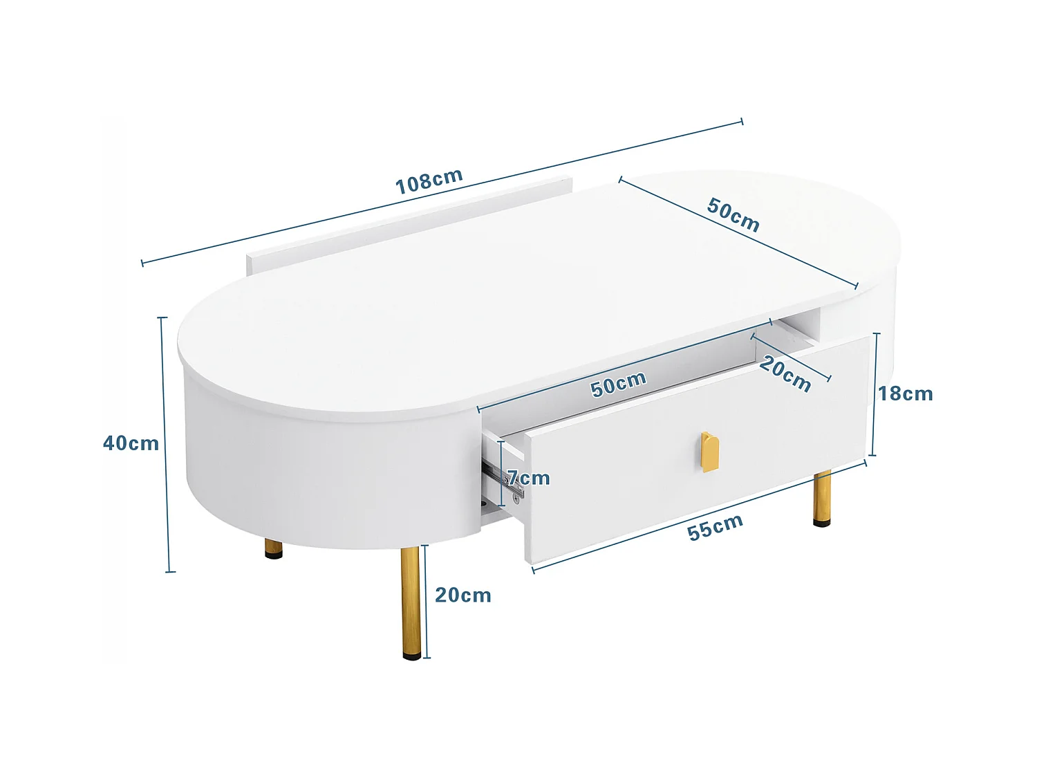 Mesa auxiliar para sala de estar con 2 cajones, diseño curvo anticolisión, color blanco