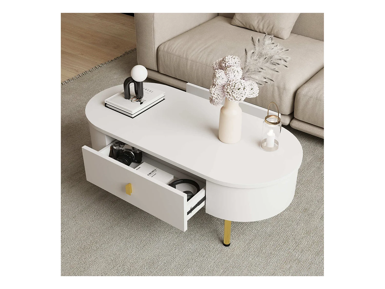 Mesa auxiliar para sala de estar con 2 cajones, diseño curvo anticolisión, color blanco