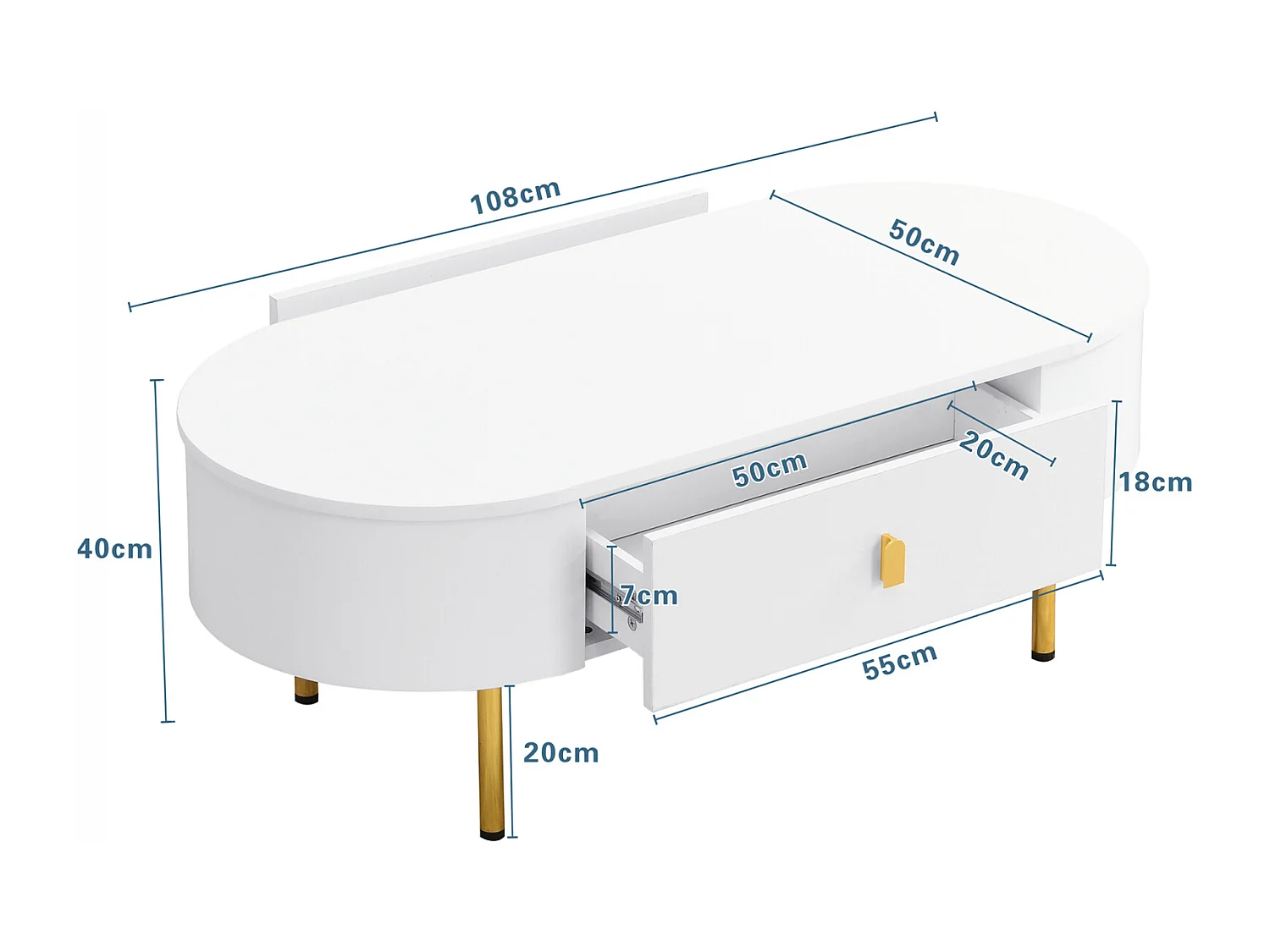 Mesa auxiliar para sala de estar con 2 cajones, diseño curvo anticolisión, color blanco