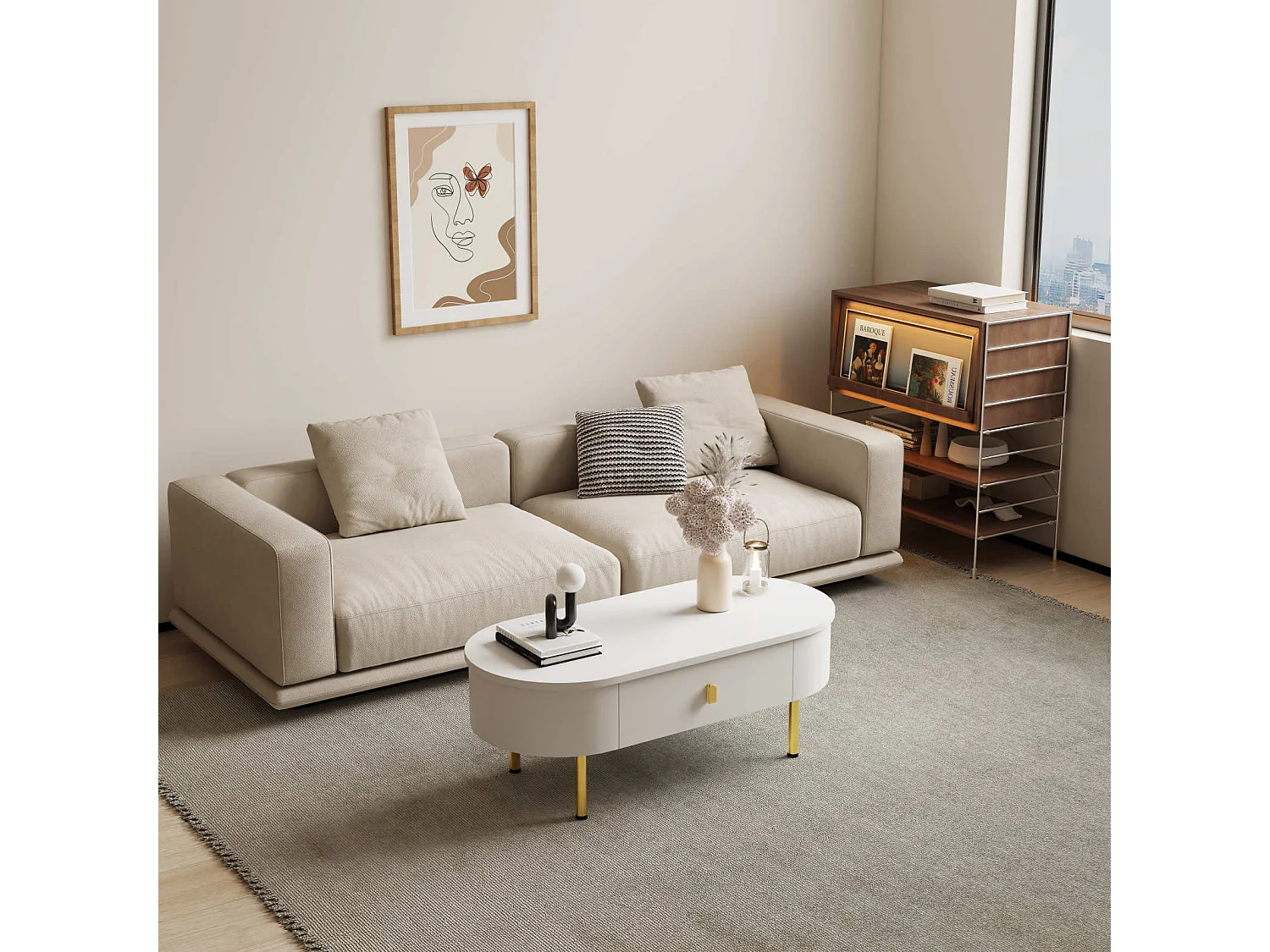 Table d'appoint pour Salon avec 2 Tiroir Rangement, Conception Anti-Collision Incurvée, Blanc