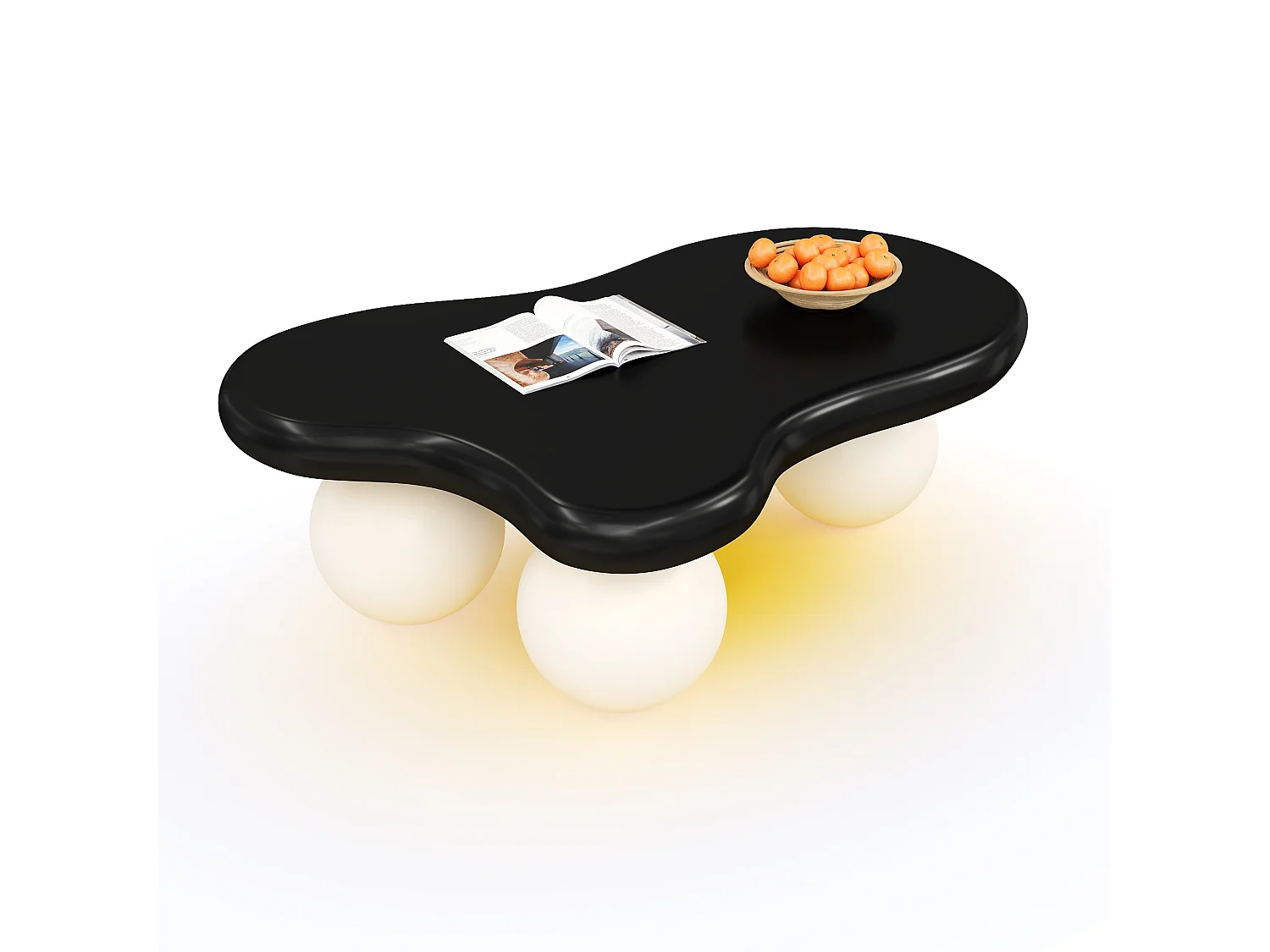 Mesa de centro de design em formato de nuvem com iluminação LED, formato original, tampo iluminado em estilo nuvem, preto e branco.
