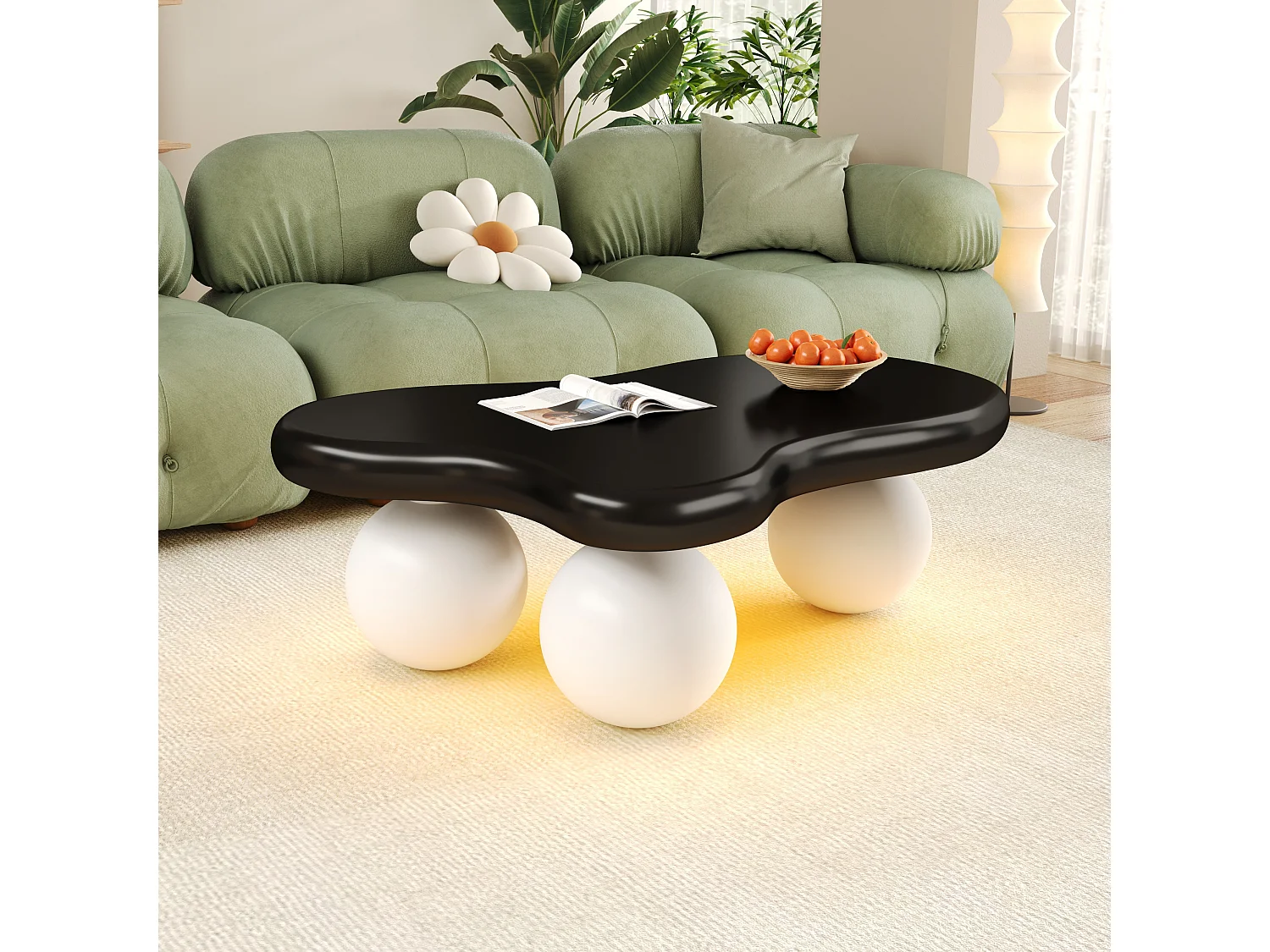 Mesa de centro de design em formato de nuvem com iluminação LED, formato original, tampo iluminado em estilo nuvem, preto e branco.